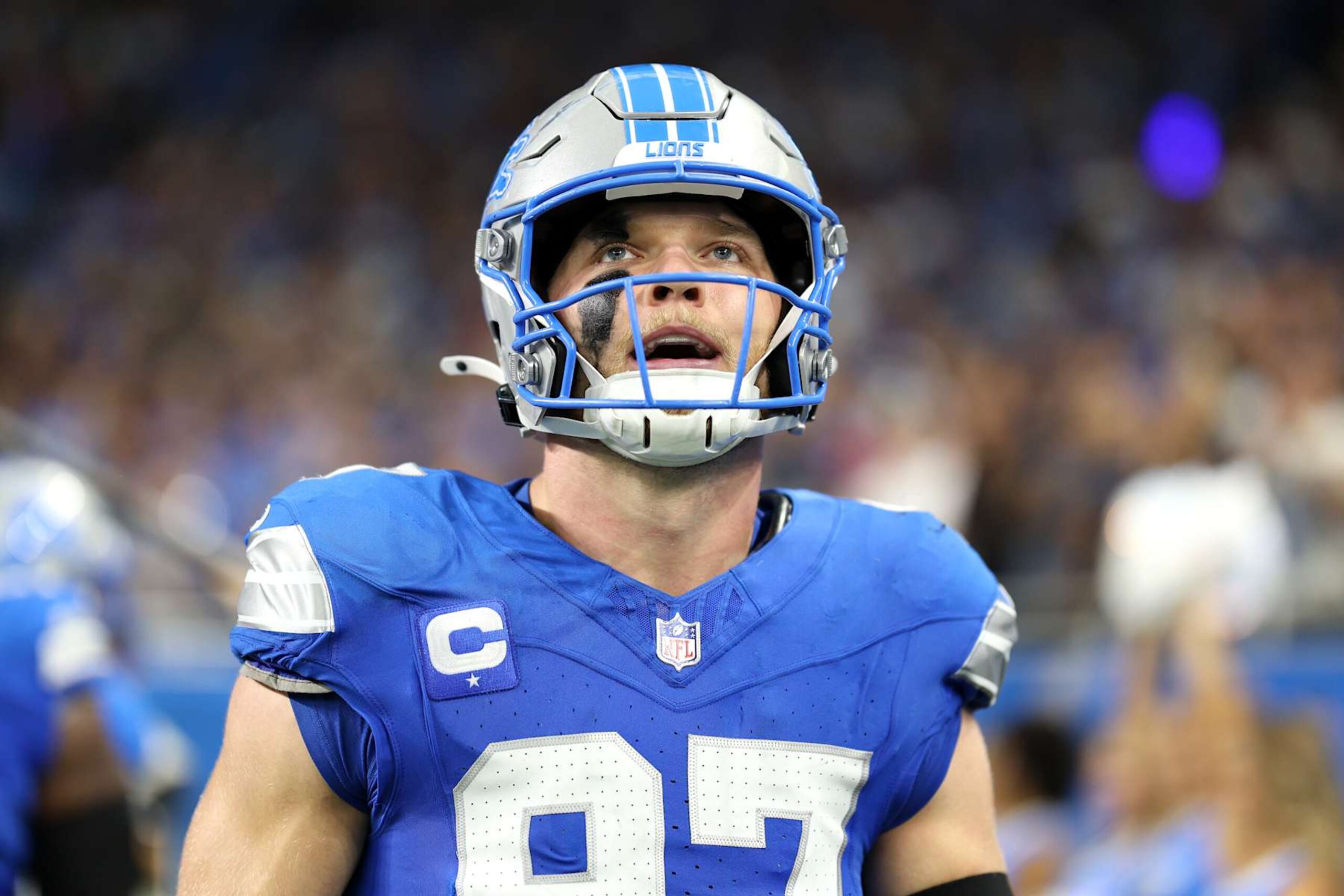 DETROIT, MICHIGAN - SEPTEMBER 15: Aidan Hutchinson #97 of the Detroit Lions looks on against the Tampa Bay Buccaneers at Ford Field on September 15, 2024 in Detroit, Michigan. (Photo by Mike Mulholland/Getty Images)