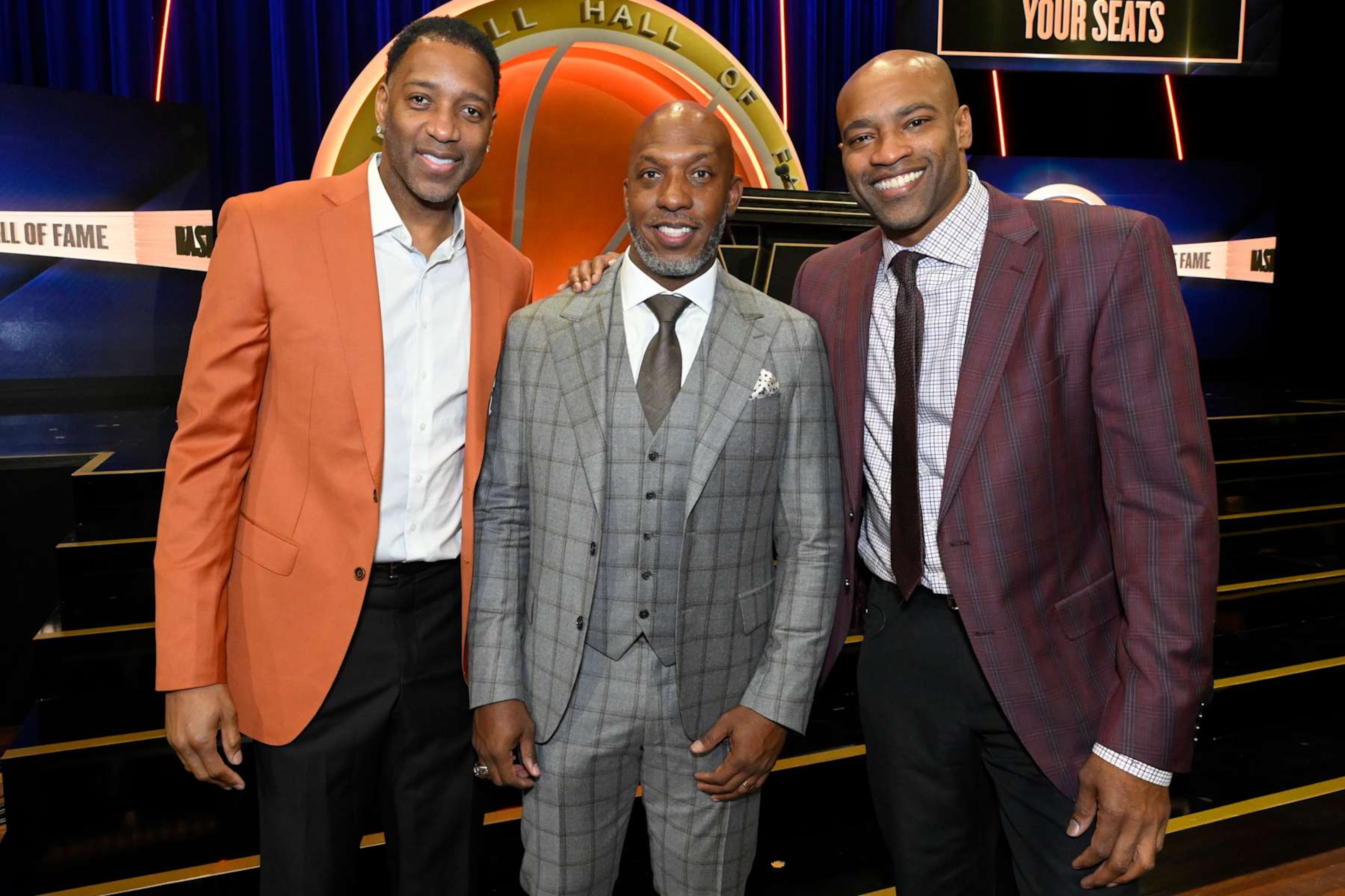 SPRINGFIELD, MA - OCTOBER 13: Tracy McGrady and Inductees Chauncey Billups and Vince Carter poses for a photo during the 2024 Basketball Hall of Fame Enshrinement Ceremony on October 13, 2024 at Symphony Hall in Springfield, Massachusetts. NOTE TO USER: User expressly acknowledges and agrees that, by downloading and/or using this photograph, user is consenting to the terms and conditions of the Getty Images License Agreement. Mandatory Copyright Notice: Copyright 2024 NBAE (Photo by David Dow/NBAE via Getty Images) SPRINGFIELD, MA - OCTOBER 13: Tracy McGrady and Inductees Chauncey Billups and Vince Carter poses for a photo during the 2024 Basketball Hall of Fame Enshrinement Ceremony on October 13, 2024 at Symphony Hall in Springfield, Massachusetts. NOTE TO USER: User expressly acknowledges and agrees that, by downloading and/or using this photograph, user is consenting to the terms and conditions of the Getty Images License Agreement. Mandatory Copyright Notice: Copyright 2024 NBAE (Photo by David Dow/NBAE via Getty Images)