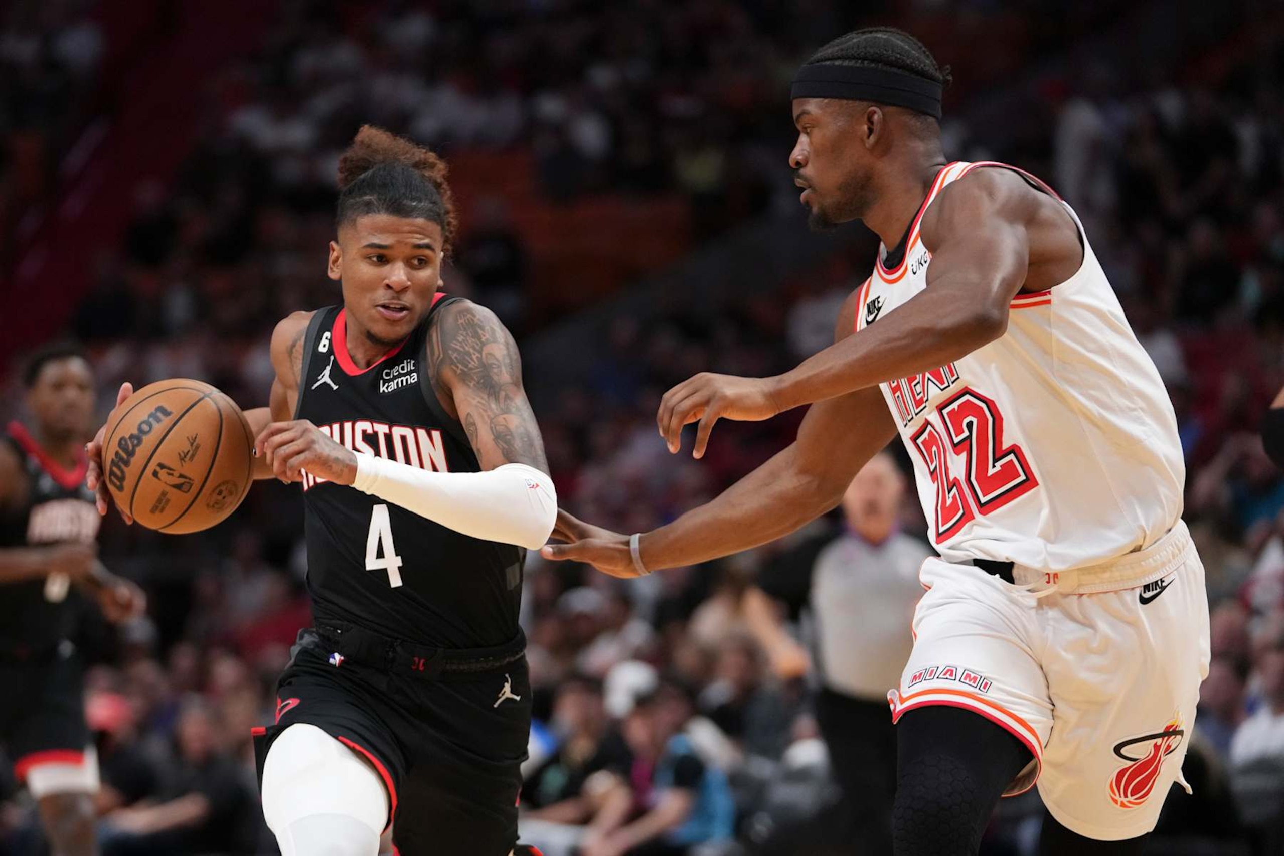 MIAMI, FLORIDA - FEBRUARY 10: Jalen Green #4 of the Houston Rockets drives to the basket while being defended by Jimmy Butler #22 of the Miami Heat during the first half at Miami-Dade Arena on February 10, 2023 in Miami, Florida. NOTE TO USER: User expressly acknowledges and agrees that, by downloading and or using this photograph, User is consenting to the terms and conditions of the Getty Images License Agreement. (Photo by Eric Espada/Getty Images) MIAMI, FLORIDA - FEBRUARY 10: Jalen Green #4 of the Houston Rockets drives to the basket while being defended by Jimmy Butler #22 of the Miami Heat during the first half at Miami-Dade Arena on February 10, 2023 in Miami, Florida. NOTE TO USER: User expressly acknowledges and agrees that, by downloading and or using this photograph, User is consenting to the terms and conditions of the Getty Images License Agreement. (Photo by Eric Espada/Getty Images)