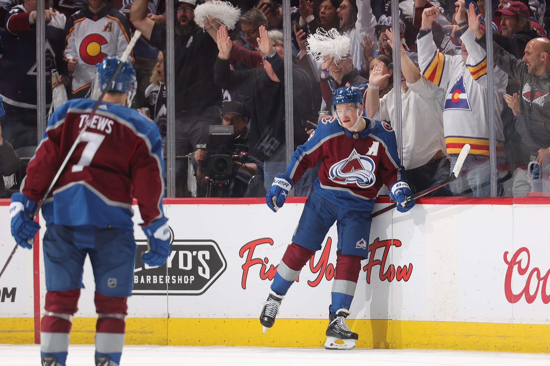 DENVER, COLORADO - APRIL 28: Devon Toews #7 and Cale Makar #8 of the Colorado Avalanche celebrate a goal against the Winnipeg Jets in Game Four of the First Round of the 2024 Stanley Cup Playoffs at Ball Arena on April 28, 2024 in Denver, Colorado. (Photo by Michael Martin/NHLI via Getty Images)