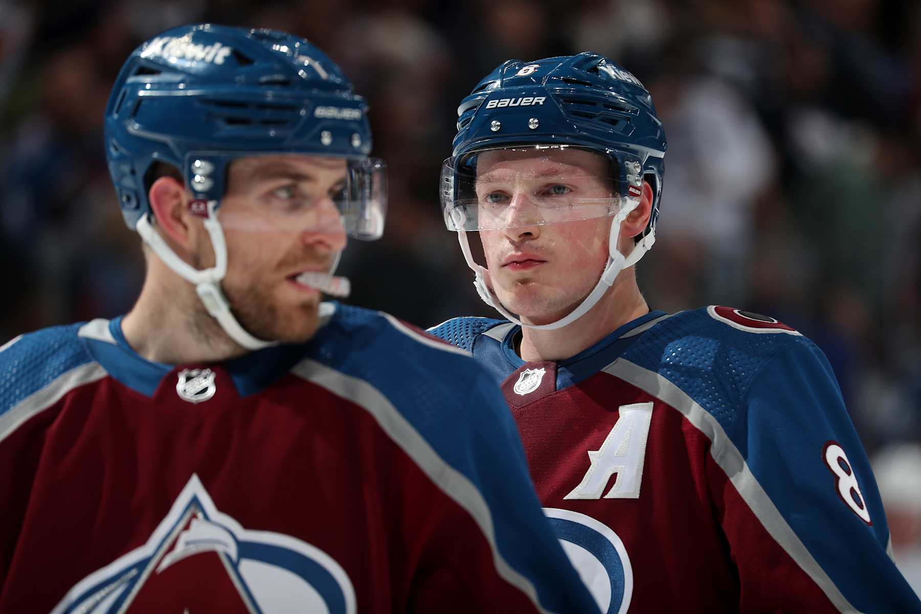 DENVER, COLORADO - APRIL 20: Devon Toews #7 and Cale Makar #8 of the Colorado Avalanche look on during a pause in play against the Seattle Kraken in Game Two of the First Round of the 2023 Stanley Cup Playoffs at Ball Arena on April 20, 2023 in Denver, Colorado. (Photo by Michael Martin/NHLI via Getty Images)