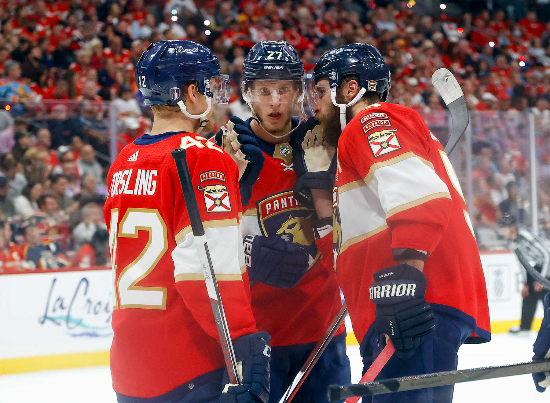 SUNRISE, FL - JUNE 10: Aaron Ekblad #5 talks to Gustav Forsling #42 and Eetu Luostarinen #27 of the Florida Panthers prior to a face-off against the Edmonton Oilers in Game Two of the Final of the 2024 Stanley Cup Playoffs at the Amerant Bank Arena on June 10, 2024 in Sunrise, Florida. (Photo by Joel Auerbach/Getty Images)