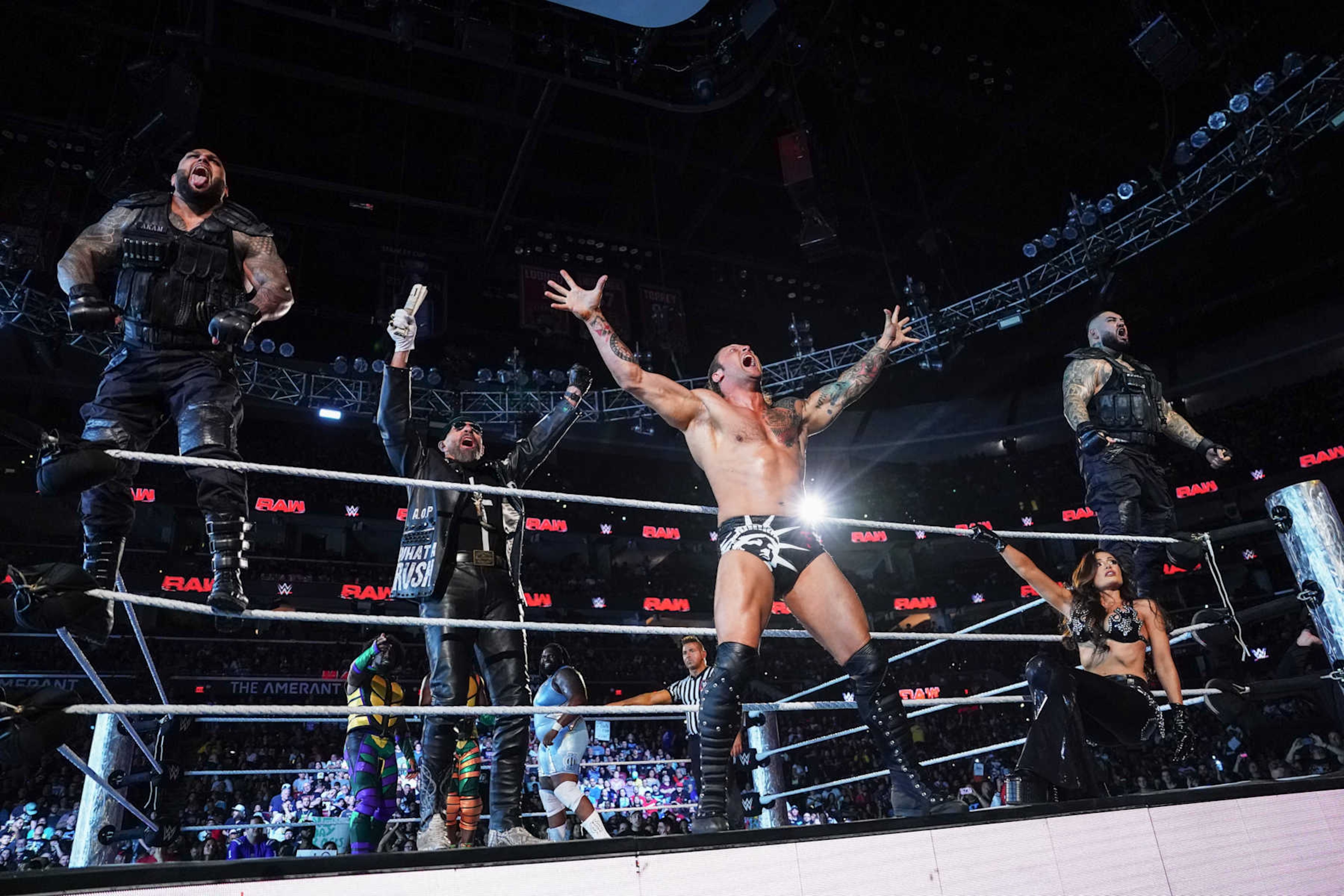 SUNRISE, FLORIDA - AUGUST 19: Akam, Paul Ellering, Karrion Kross, Scarlett, and Rezar of The Final Testament enter the ring during Monday Night RAW at Amerant Bank Arena on August 19, 2024 in Sunrise, Florida. (Photo by WWE/Getty Images) SUNRISE, FLORIDA - AUGUST 19: Akam, Paul Ellering, Karrion Kross, Scarlett, and Rezar of The Final Testament enter the ring during Monday Night RAW at Amerant Bank Arena on August 19, 2024 in Sunrise, Florida. (Photo by WWE/Getty Images)