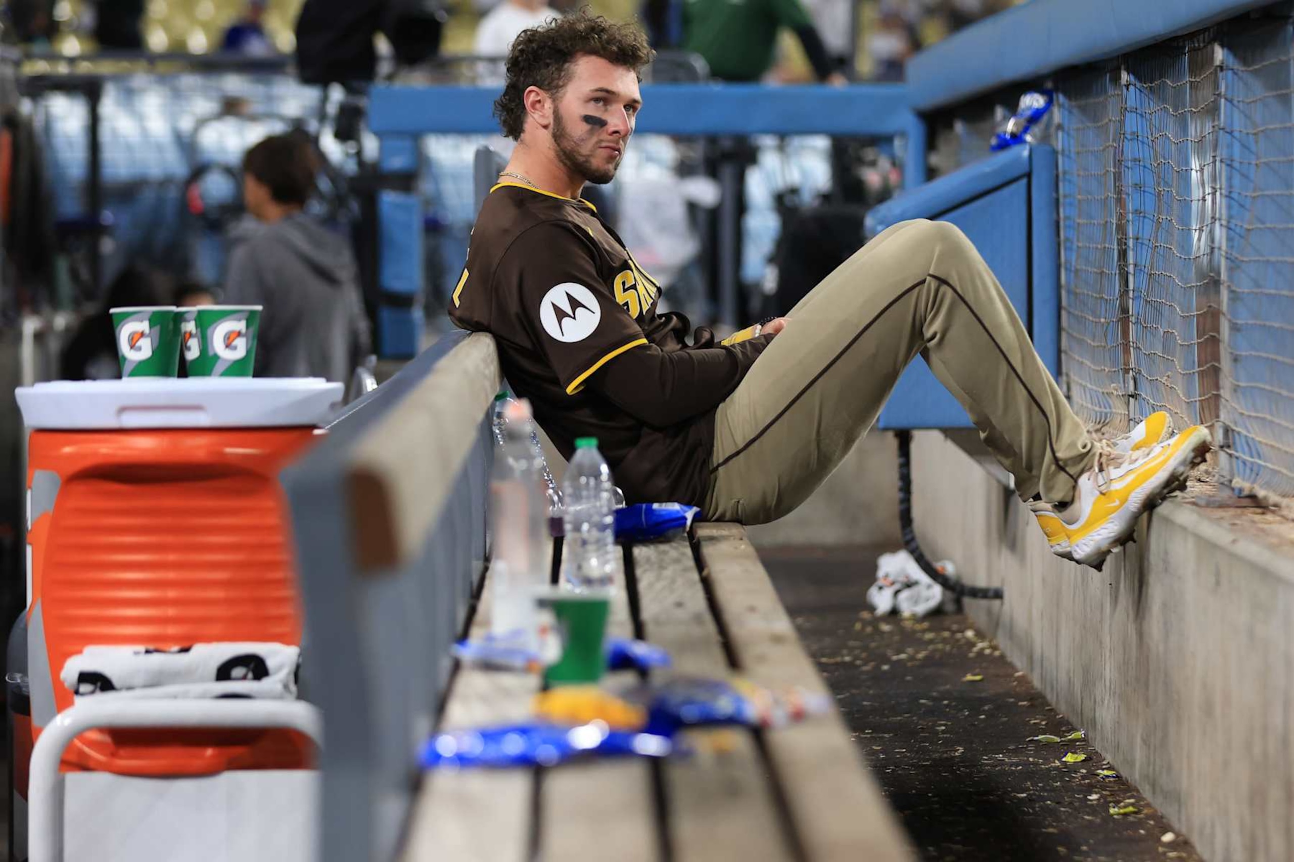 LOS ANGELES, CALIFORNIA - OCTOBER 11: Jackson Merrill #3 of the San Diego Padres looks on after his team was defeated by the Los Angeles Dodgers in Game Five of the Division Series at Dodger Stadium on October 11, 2024 in Los Angeles, California. (Photo by Sean M. Haffey/Getty Images) LOS ANGELES, CALIFORNIA - OCTOBER 11: Jackson Merrill #3 of the San Diego Padres looks on after his team was defeated by the Los Angeles Dodgers in Game Five of the Division Series at Dodger Stadium on October 11, 2024 in Los Angeles, California. (Photo by Sean M. Haffey/Getty Images)