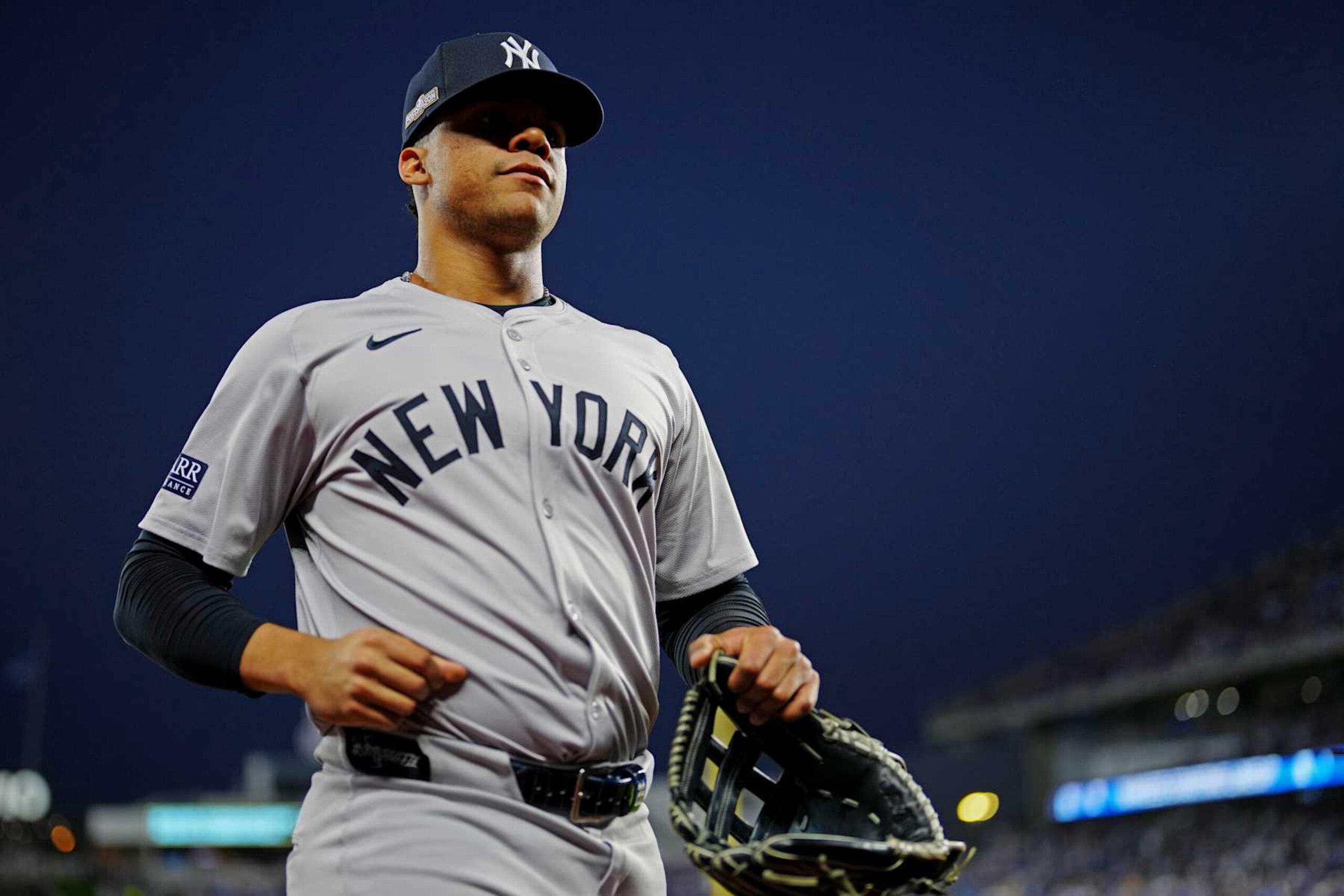 KANSAS CITY, MO - OCTOBER 10: Juan Soto #22 of the New York Yankees looks on prior to Game 4 of the Division Series presented by Booking.com between the New York Yankees and the Kansas City Royals at Kauffman Stadium on Thursday, October 10, 2024 in Kansas City, Missouri. (Photo by Mary DeCicco/MLB Photos via Getty Images) KANSAS CITY, MO - OCTOBER 10: Juan Soto #22 of the New York Yankees looks on prior to Game 4 of the Division Series presented by Booking.com between the New York Yankees and the Kansas City Royals at Kauffman Stadium on Thursday, October 10, 2024 in Kansas City, Missouri. (Photo by Mary DeCicco/MLB Photos via Getty Images)