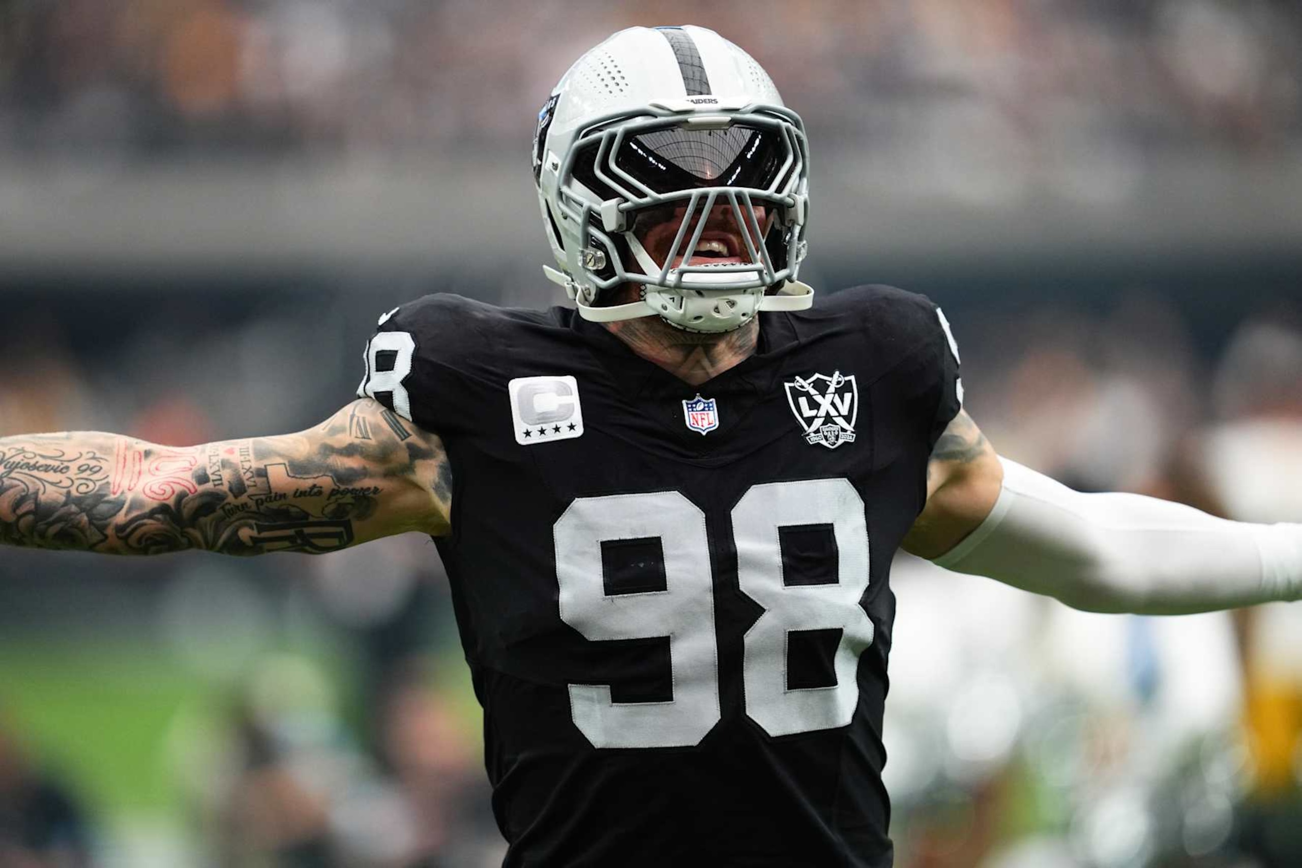 LAS VEGAS, NEVADA - OCTOBER 13: Maxx Crosby #98 of the Las Vegas Raiders is introduced before a game against the Pittsburgh Steelers at Allegiant Stadium on October 13, 2024 in Las Vegas, Nevada. (Photo by Chris Unger/Getty Images)