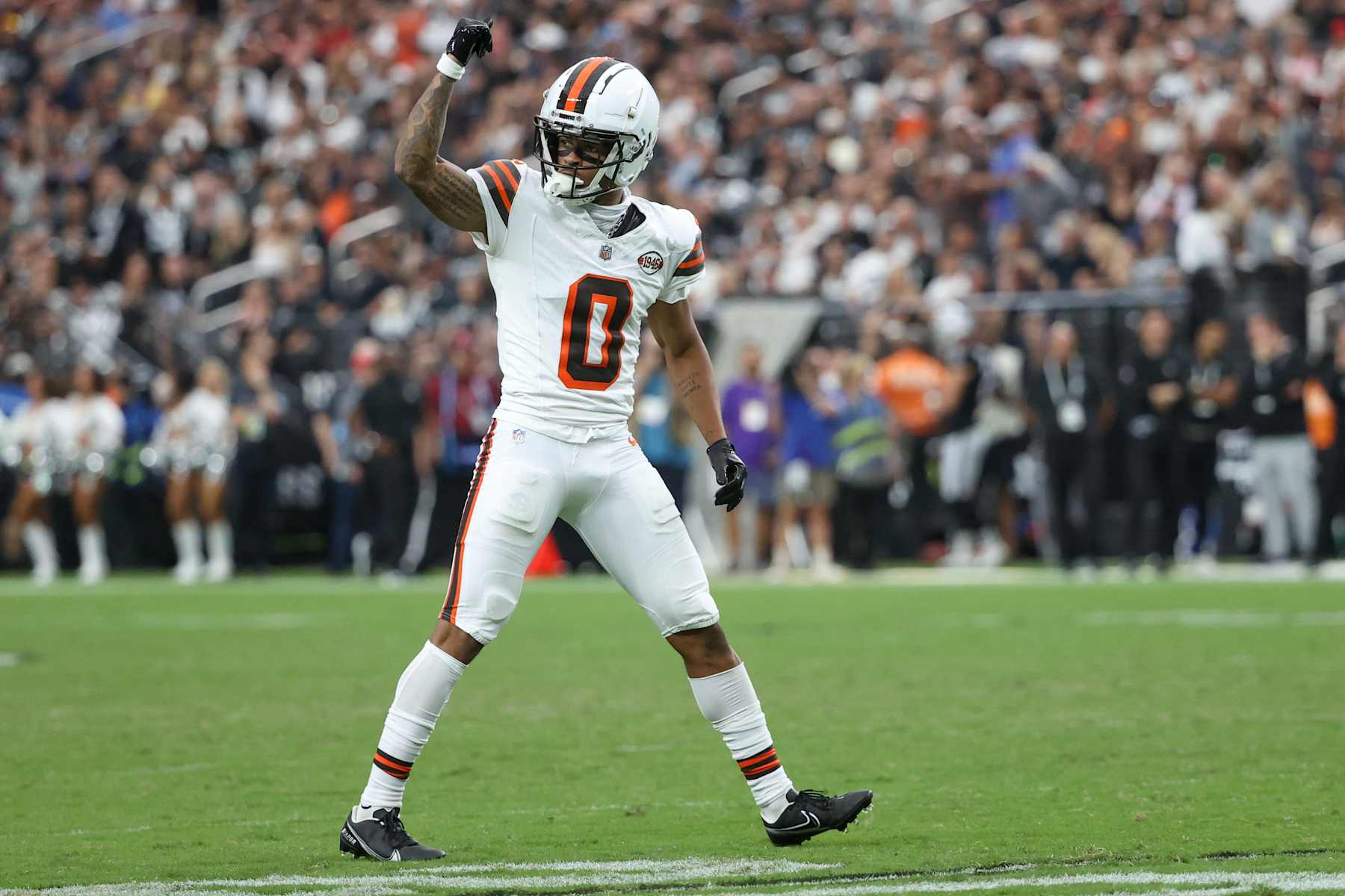 LAS VEGAS, NEVADA - SEPTEMBER 29: Greg Newsome II #0 of the Cleveland Browns looks on during the fourth quarter of a game against the Las Vegas Raiders at Allegiant Stadium on September 29, 2024 in Las Vegas, Nevada. (Photo by Ian Maule/Getty Images)