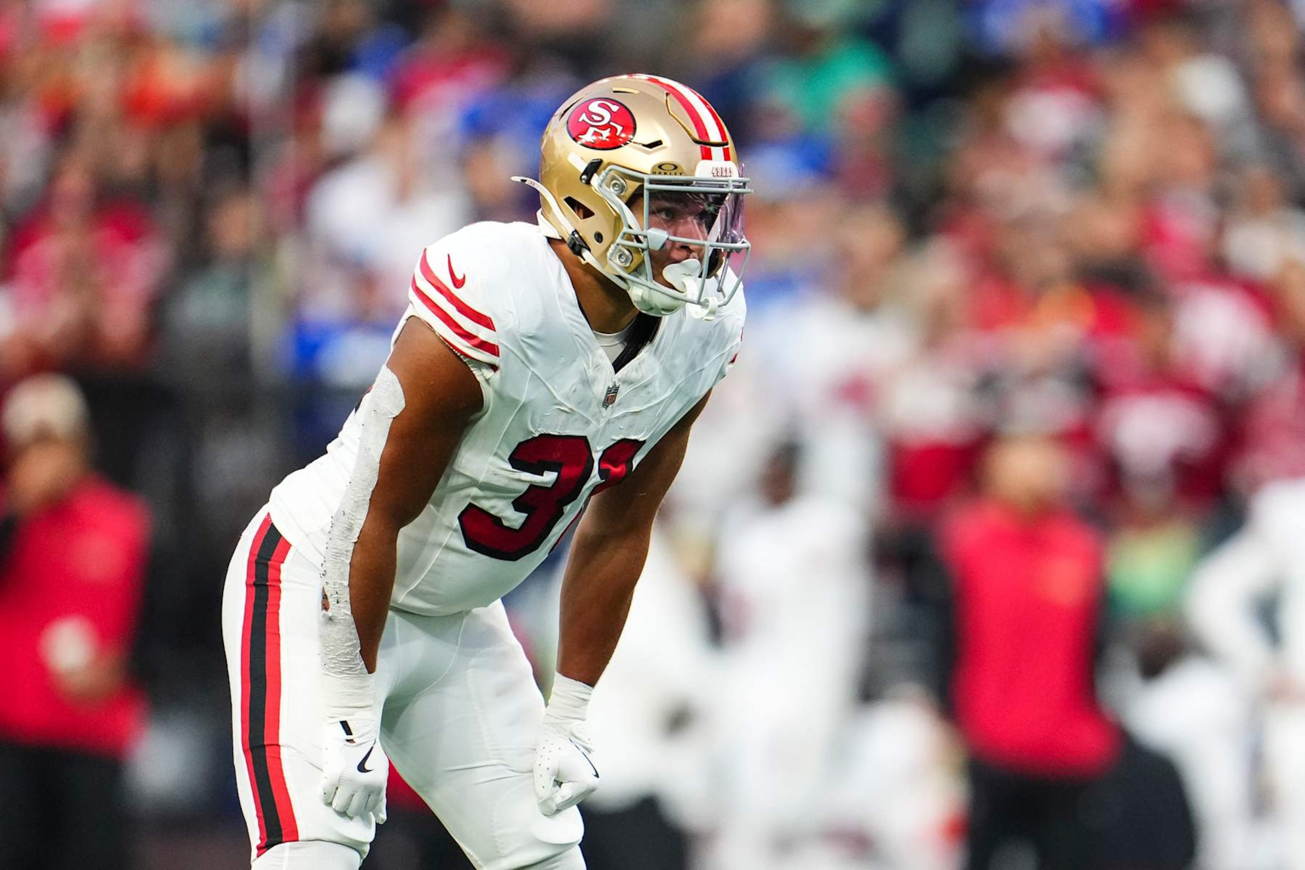SEATTLE, WA - OCTOBER 10: Isaac Guerendo #31 of the San Francisco 49ers lines up before the snap during an NFL football game against the Seattle Seahawks at Lumen Field on October 10, 2024 in Seattle, Washington. (Photo by Cooper Neill/Getty Images)