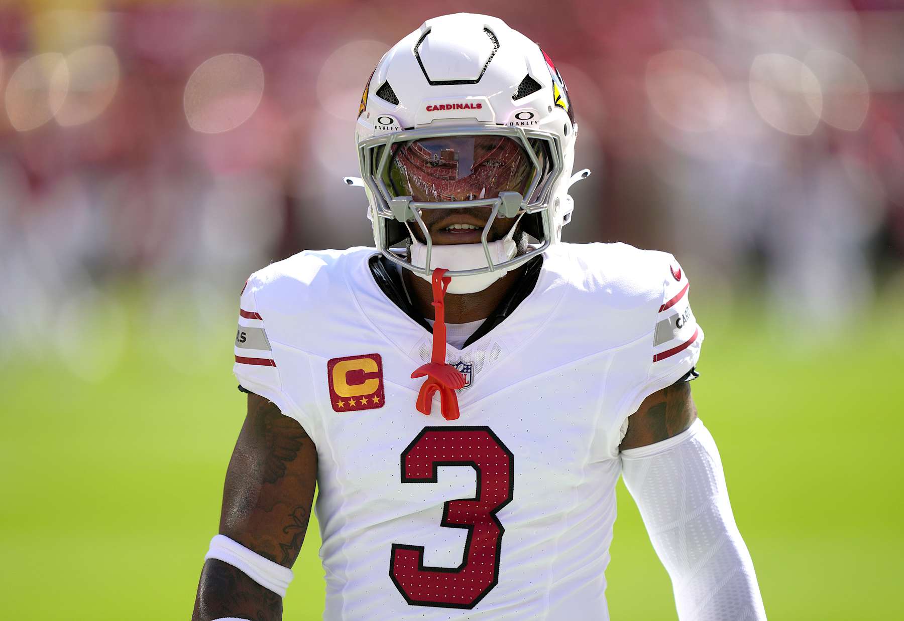 SANTA CLARA, CALIFORNIA - OCTOBER 06: Budda Baker #3 of the Arizona Cardinals warms up prior to a game against the San Francisco 49ers at Levi's Stadium on October 06, 2024 in Santa Clara, California. (Photo by Thearon W. Henderson/Getty Images)
