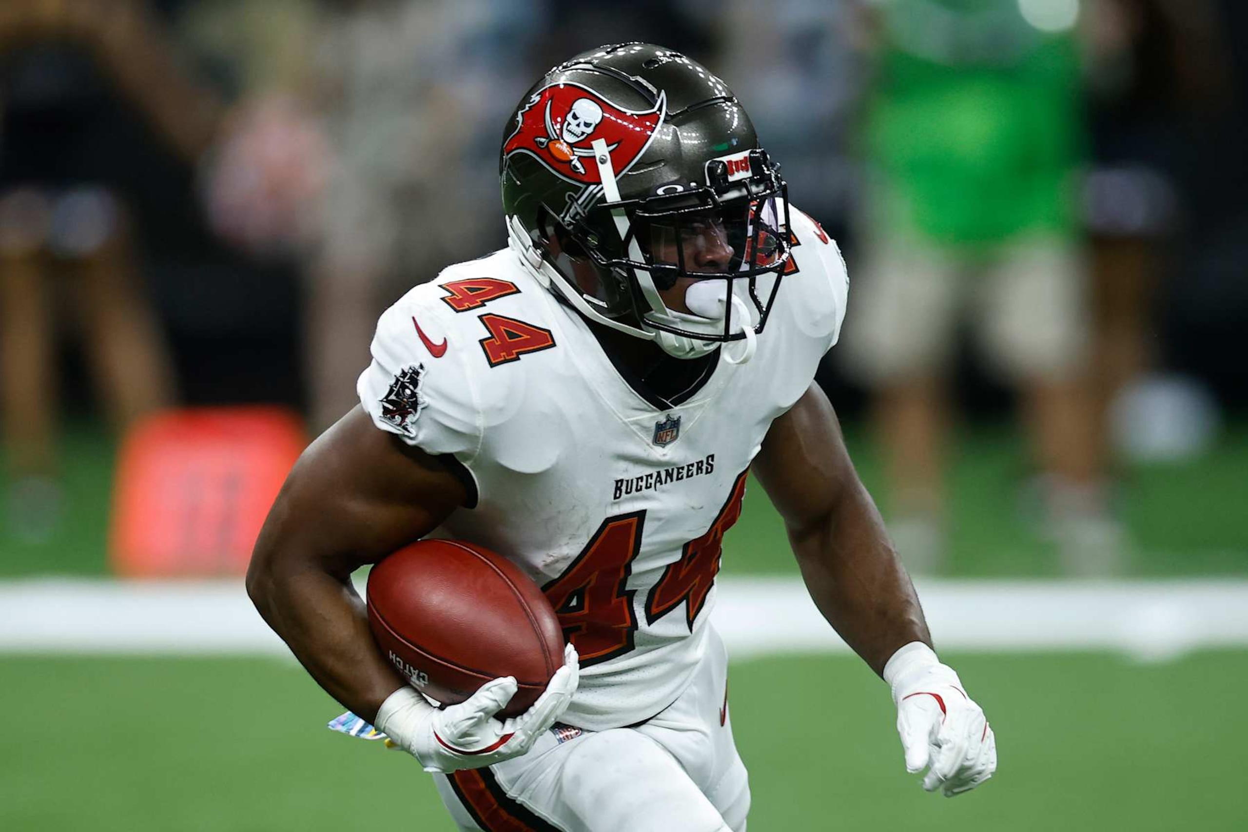 NEW ORLEANS, LOUISIANA - OCTOBER 13: Sean Tucker #44 of the Tampa Bay Buccaneers in action against the New Orleans Saints at Caesars Superdome on October 13, 2024 in New Orleans, Louisiana. (Photo by Chris Graythen/Getty Images)