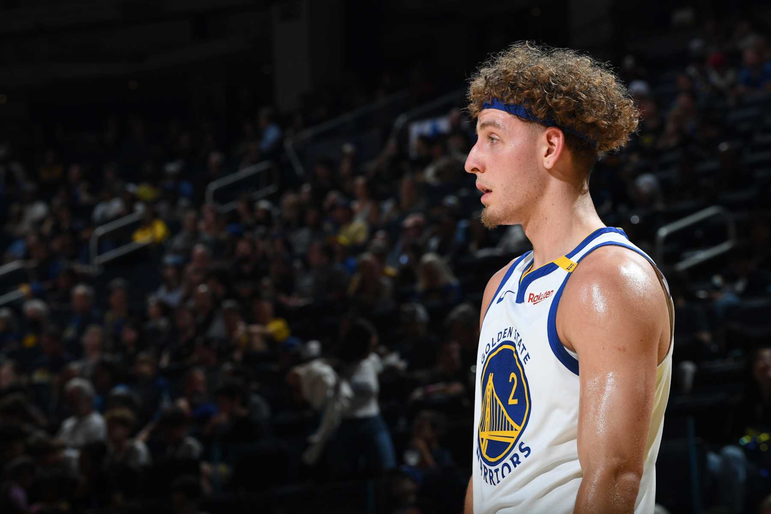 SAN FRANCISCO, CA - OCTOBER 13: Brandin Podziemski #2 of the Golden State Warriors looks on during the game against the Detroit Pistons during a NBA Preseason game on October 13, 2024 at Chase Center in San Francisco, California. NOTE TO USER: User expressly acknowledges and agrees that, by downloading and or using this photograph, user is consenting to the terms and conditions of Getty Images License Agreement. Mandatory Copyright Notice: Copyright 2024 NBAE (Photo by Noah Graham/NBAE via Getty Images)