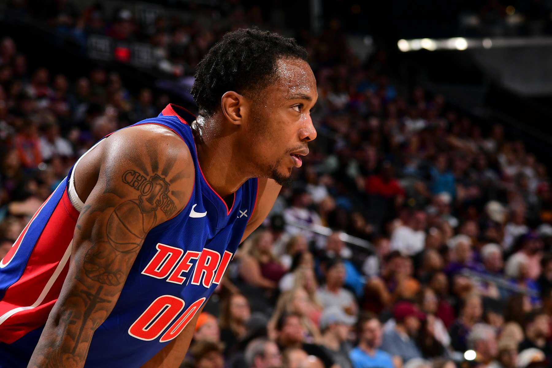 PHOENIX, AZ - OCTOBER 11: Ron Holland II #00 of the Detroit Pistons looks on during the game on October 11, 2024 at Footprint Center in Phoenix, Arizona. NOTE TO USER: User expressly acknowledges and agrees that, by downloading and or using this photograph, user is consenting to the terms and conditions of the Getty Images License Agreement. Mandatory Copyright Notice: Copyright 2024 NBAE (Photo by Kate Frese/NBAE via Getty Images)
