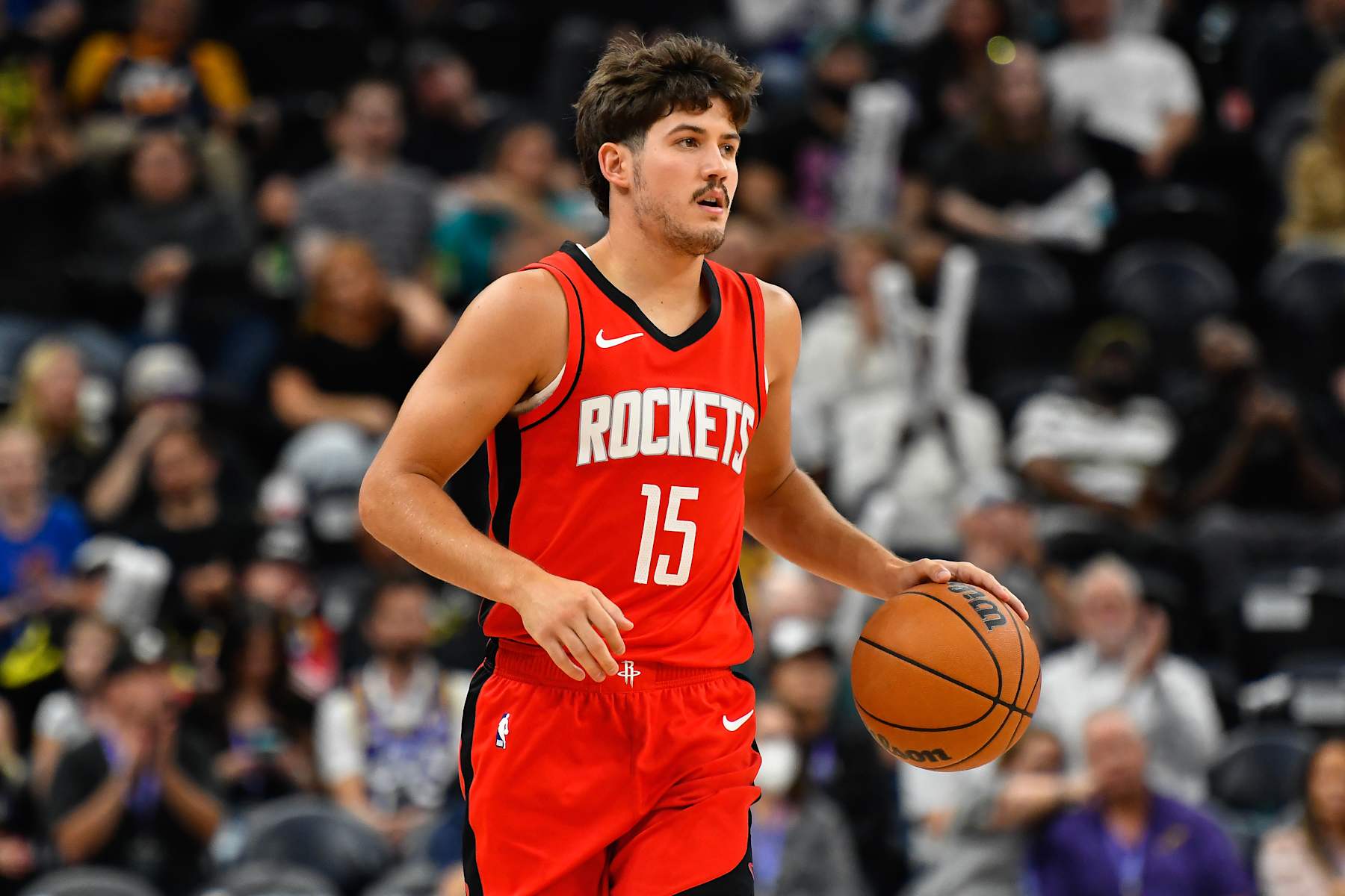 SALT LAKE CITY, UTAH - OCTOBER 07: Reed Sheppard #15 of the Houston Rockets in action during the second half of a preseason game against the Utah Jazz at Delta Center on October, 7 2024 in Salt Lake City, Utah. NOTE TO USER: User expressly acknowledges and agrees that, by downloading and or using this photograph, User is consenting to the terms and conditions of the Getty Images License Agreement. (Photo by Alex Goodlett/Getty Images)