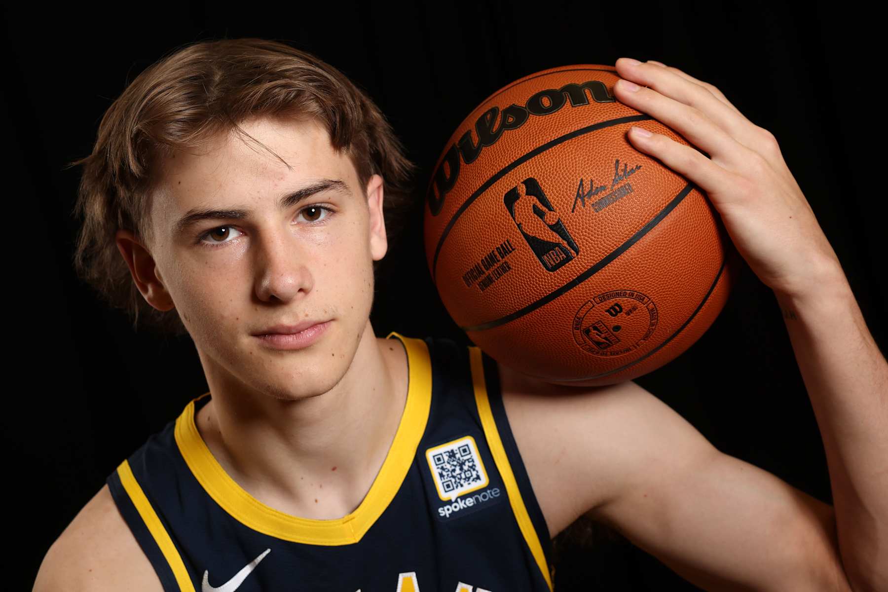 LAS VEGAS, NEVADA - JULY 17: Johnny Furphy #12 of the Indiana Pacers poses for a portrait during the 2024 NBA Rookie Photo Shoot at UNLV on July 17, 2024 in Las Vegas, Nevada.  (Photo by Monica Schipper/Getty Images)