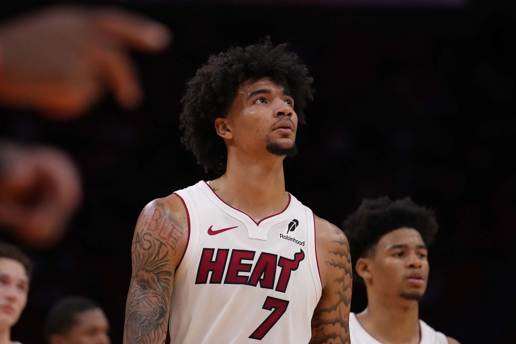 MIAMI, FL - OCTOBER 13:  Kel'el Ware #7 of the Miami Heat looks on during the game against the New Orleans Pelicans during a preseason game on October 13, 2024 at Kaseya Center in Miami, Florida. NOTE TO USER: User expressly acknowledges and agrees that, by downloading and or using this Photograph, user is consenting to the terms and conditions of the Getty Images License Agreement. Mandatory Copyright Notice: Copyright 2024 NBAE (Photo by Eric Espada/NBAE via Getty Images)