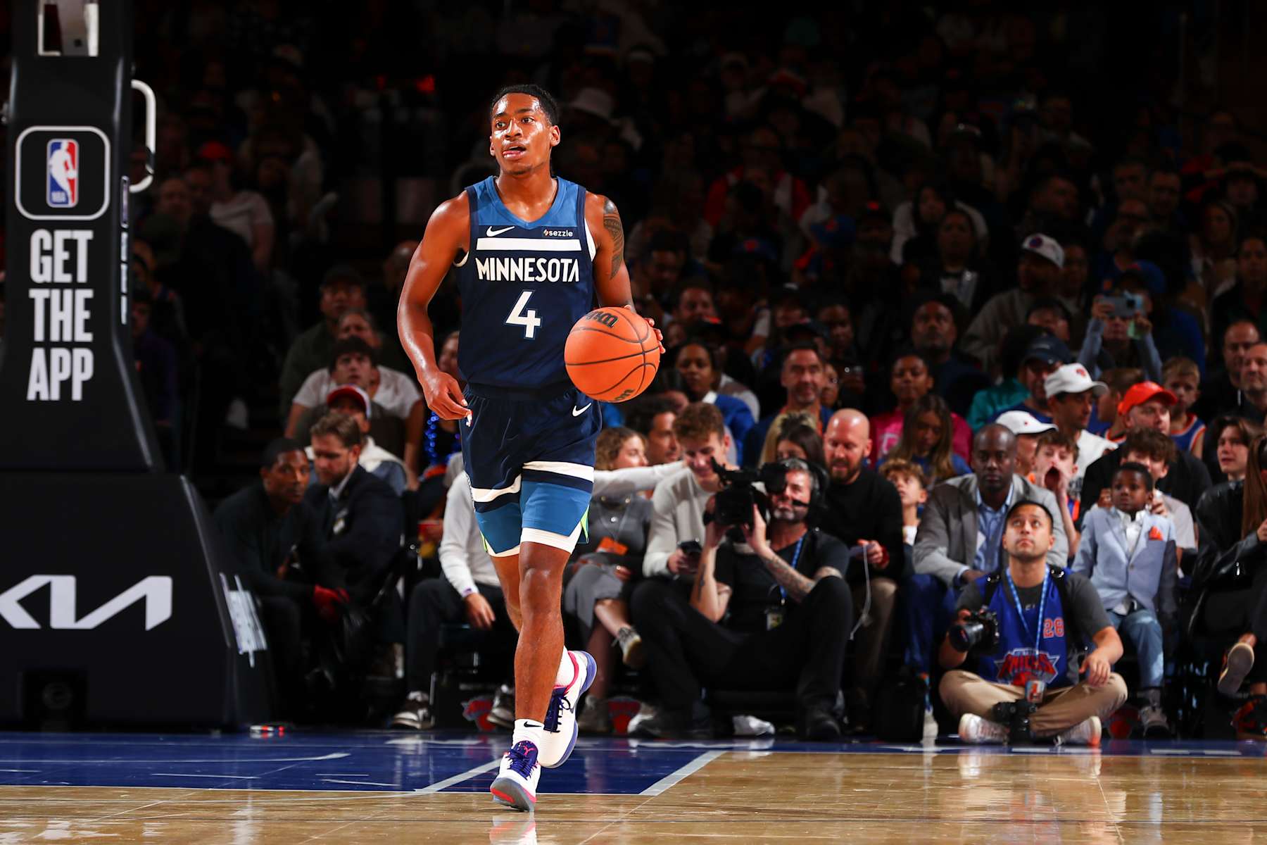 NEW YORK, NY - OCTOBER 13: Rob Dillingham #4 of the Minnesota Timberwolves dribbles the ball during the game on October 13, 2024 at Madison Square Garden in New York City, New York.  NOTE TO USER: User expressly acknowledges and agrees that, by downloading and or using this photograph, User is consenting to the terms and conditions of the Getty Images License Agreement. Mandatory Copyright Notice: Copyright 2024 NBAE  (Photo by David L. Nemec/NBAE via Getty Images)