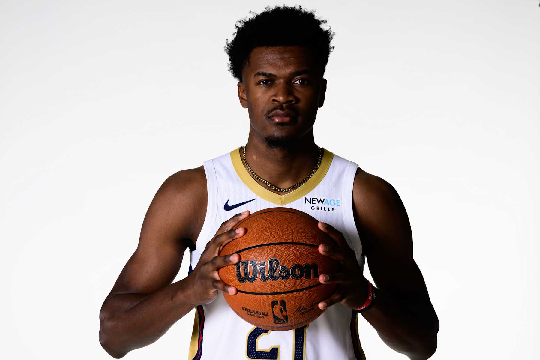 NEW ORLEANS, LOUISIANA - SEPTEMBER 30: Yves Missi #21 of the New Orleans Pelicans poses for a photo during media day at Smoothie King Center on September 30, 2024 in New Orleans, Louisiana. NOTE TO USER: User expressly acknowledges and agrees that, by downloading and or using this photograph, User is consenting to the terms and conditions of the Getty Images License Agreement. (Photo by Gus Stark/Getty Images)