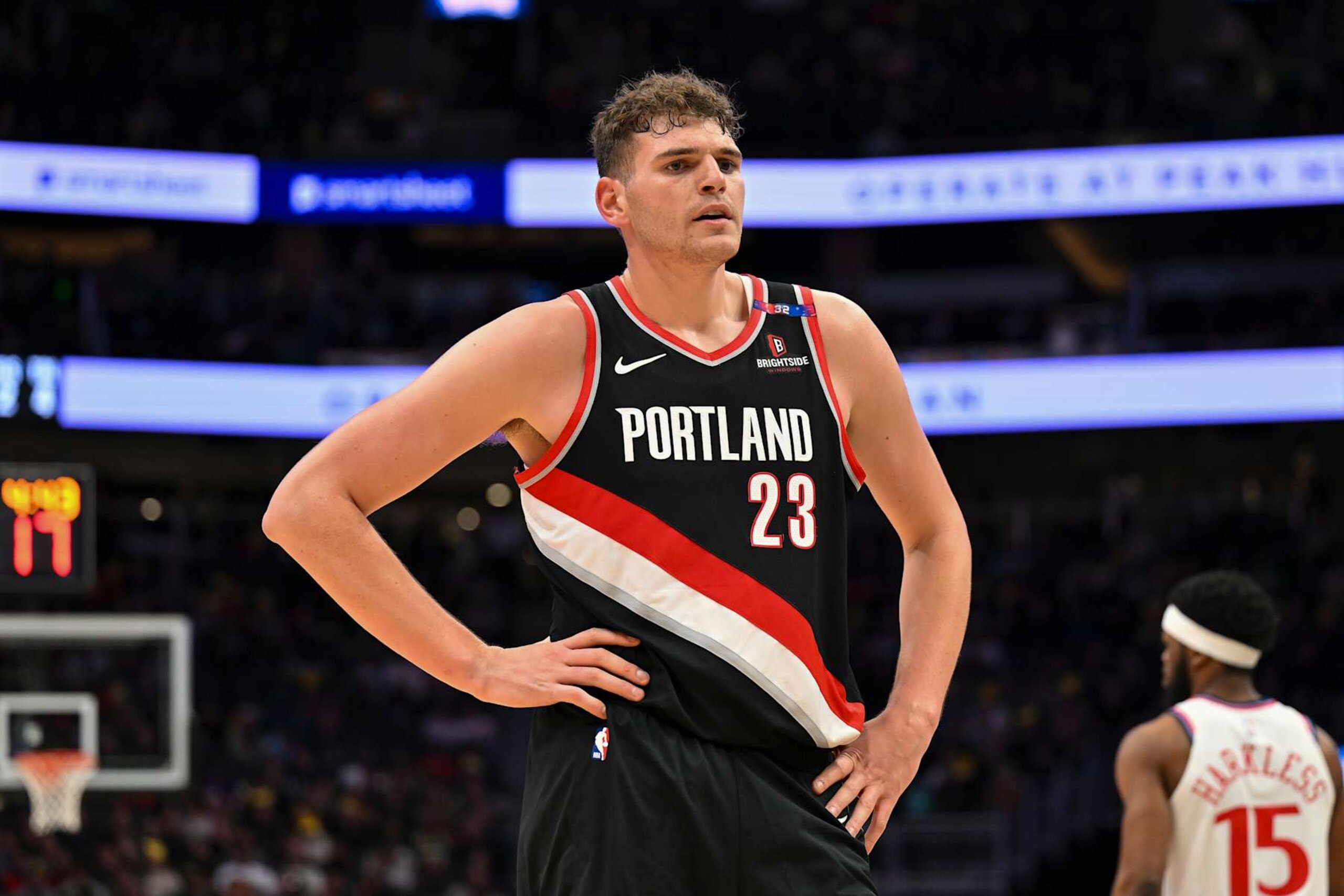 SEATTLE, WASHINGTON - OCTOBER 11: Donovan Clingan #23 of the Portland Trail Blazers looks on during the Rain City Showcase game against the Los Angeles Clippers at Climate Pledge Arena on October 11, 2024 in Seattle, Washington. The Los Angeles Clippers won 101-99. NOTE TO USER: User expressly acknowledges and agrees that, by downloading and or using this photograph, User is consenting to the terms and conditions of the Getty Images License Agreement. (Photo by Alika Jenner/Getty Images)