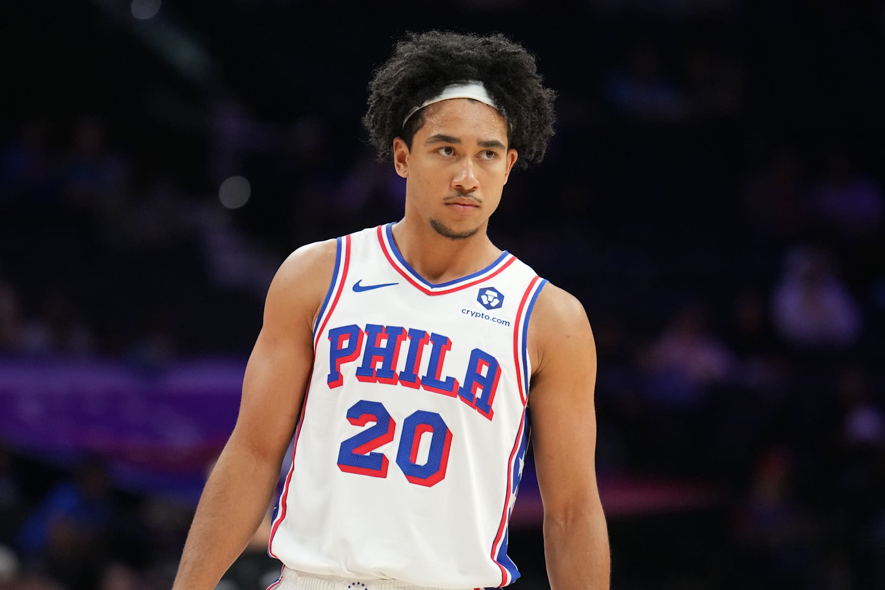 PHILADELPHIA, PA - OCTOBER 7: Jared McCain #20 of the Philadelphia 76ers looks on during the game against the New Zealand Breakers during a NBA Preseason Game on October 7, 2024 at the Wells Fargo Center in Philadelphia, Pennsylvania NOTE TO USER: User expressly acknowledges and agrees that, by downloading and/or using this Photograph, user is consenting to the terms and conditions of the Getty Images License Agreement. Mandatory Copyright Notice: Copyright 2024 NBAE (Photo by Jesse D. Garrabrant/NBAE via Getty Images)