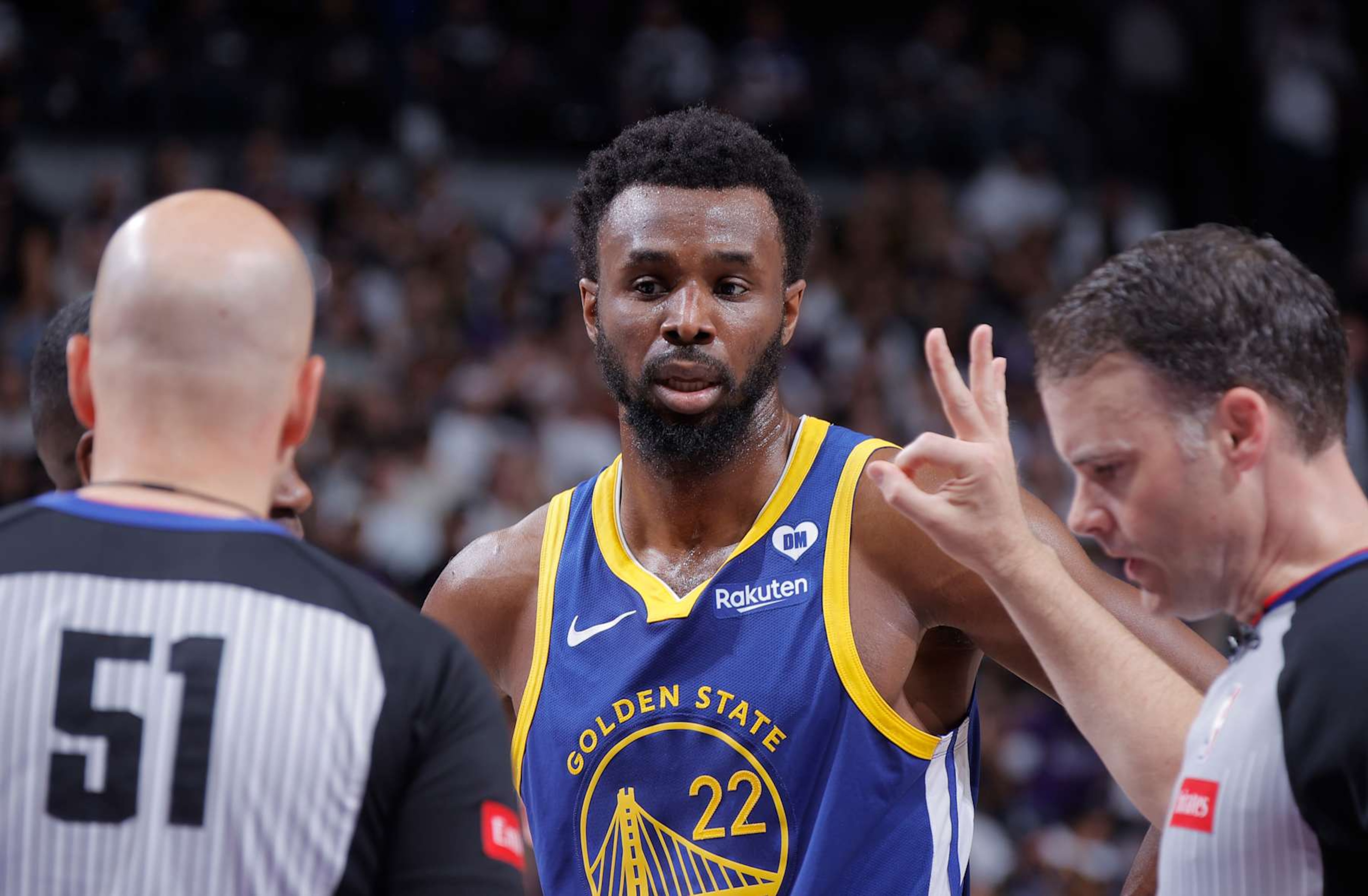 SACRAMENTO, CA - APRIL 16: Andrew Wiggins #22 of the Golden State Warriors looks on during the game against the Sacramento Kings during the 2024 Play-In Tournament on April 16, 2024 at Golden 1 Center in Sacramento, California. NOTE TO USER: User expressly acknowledges and agrees that, by downloading and or using this photograph, User is consenting to the terms and conditions of the Getty Images Agreement. Mandatory Copyright Notice: Copyright 2024 NBAE (Photo by Rocky Widner/NBAE via Getty Images)