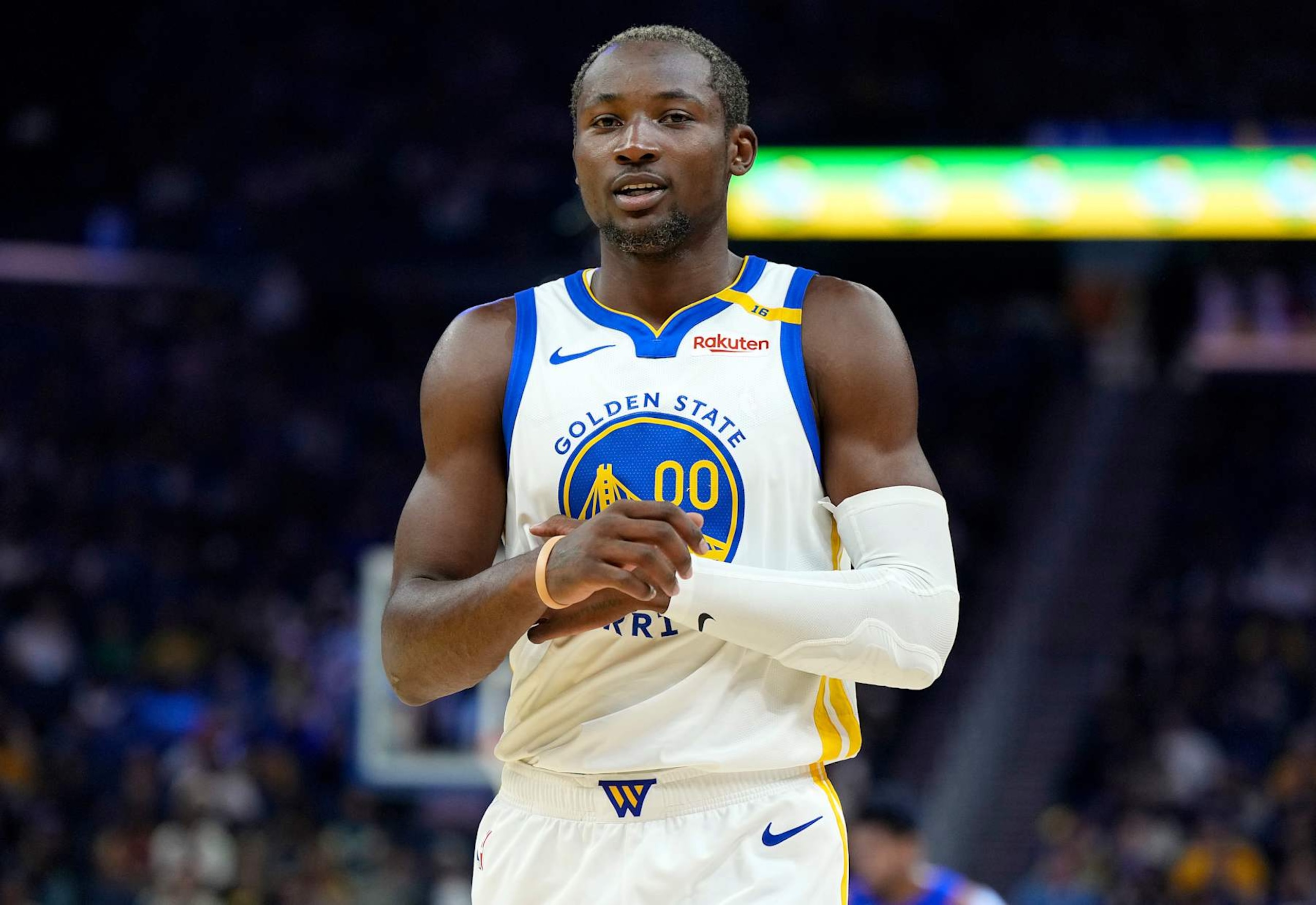 SAN FRANCISCO, CALIFORNIA - OCTOBER 13: Jonathan Kuminga #00 of the Golden State Warriors looks on against the Detroit Pistons during the first half of an NBA preseason game at Chase Center on October 13, 2024 in San Francisco, California. NOTE TO USER: User expressly acknowledges and agrees that, by downloading and or using this photograph, User is consenting to the terms and conditions of the Getty Images License Agreement. (Photo by Thearon W. Henderson/Getty Images) SAN FRANCISCO, CALIFORNIA - OCTOBER 13: Jonathan Kuminga #00 of the Golden State Warriors looks on against the Detroit Pistons during the first half of an NBA preseason game at Chase Center on October 13, 2024 in San Francisco, California. NOTE TO USER: User expressly acknowledges and agrees that, by downloading and or using this photograph, User is consenting to the terms and conditions of the Getty Images License Agreement. (Photo by Thearon W. Henderson/Getty Images)