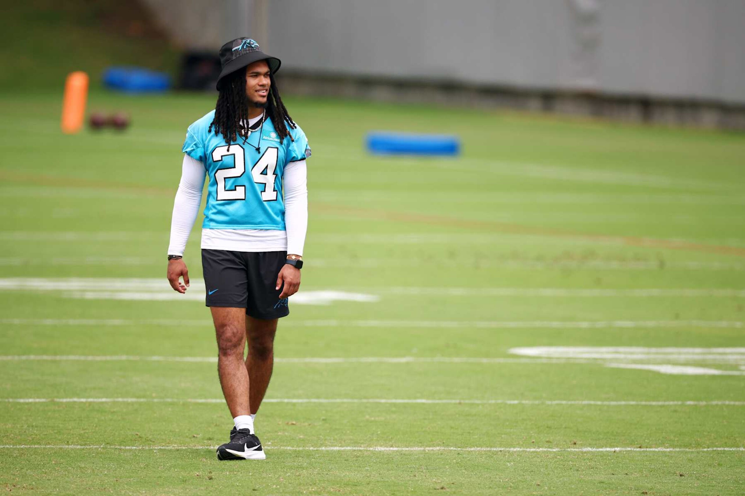 CHARLOTTE, NORTH CAROLINA - JUNE 04: Jonathon Brooks #24 of the Carolina Panthers attends Carolina Panthers OTA Offseason Workout on June 04, 2024 in Charlotte, North Carolina. (Photo by Jared C. Tilton/Getty Images)