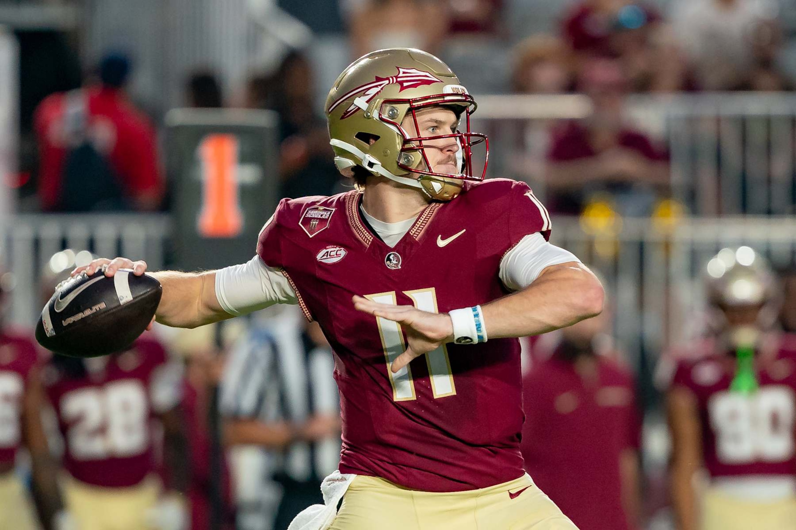 TALLAHASSEE, FL - OCTOBER 05:Florida State Seminoles quarterback Brock Glenn (11) throws a pass during a college football game between the Clemson Tigers and the Florida State Seminoles on October 5th, 2024 at Doak Campbell Stadium in Tallahassee, FL. (Photo by Chris Leduc/Icon Sportswire via Getty Images)