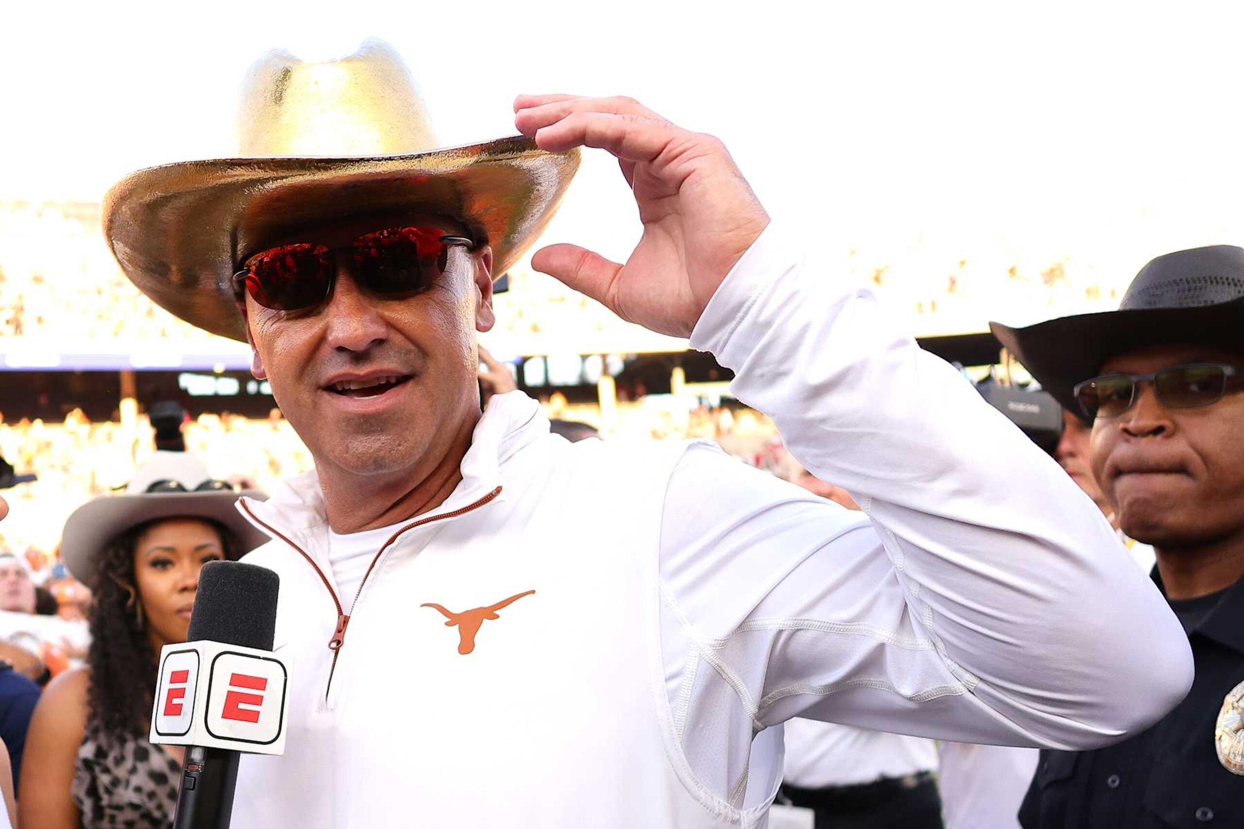 DALLAS, TEXAS - OCTOBER 12: Head coach Steve Sarkisian of the Texas Longhorns wears the Golden Hat Trophy during a postgame interview after defeating the Oklahoma Sooners 34-3 at Cotton Bowl Stadium on October 12, 2024 in Dallas, Texas. (Photo by Alex Slitz/Getty Images)