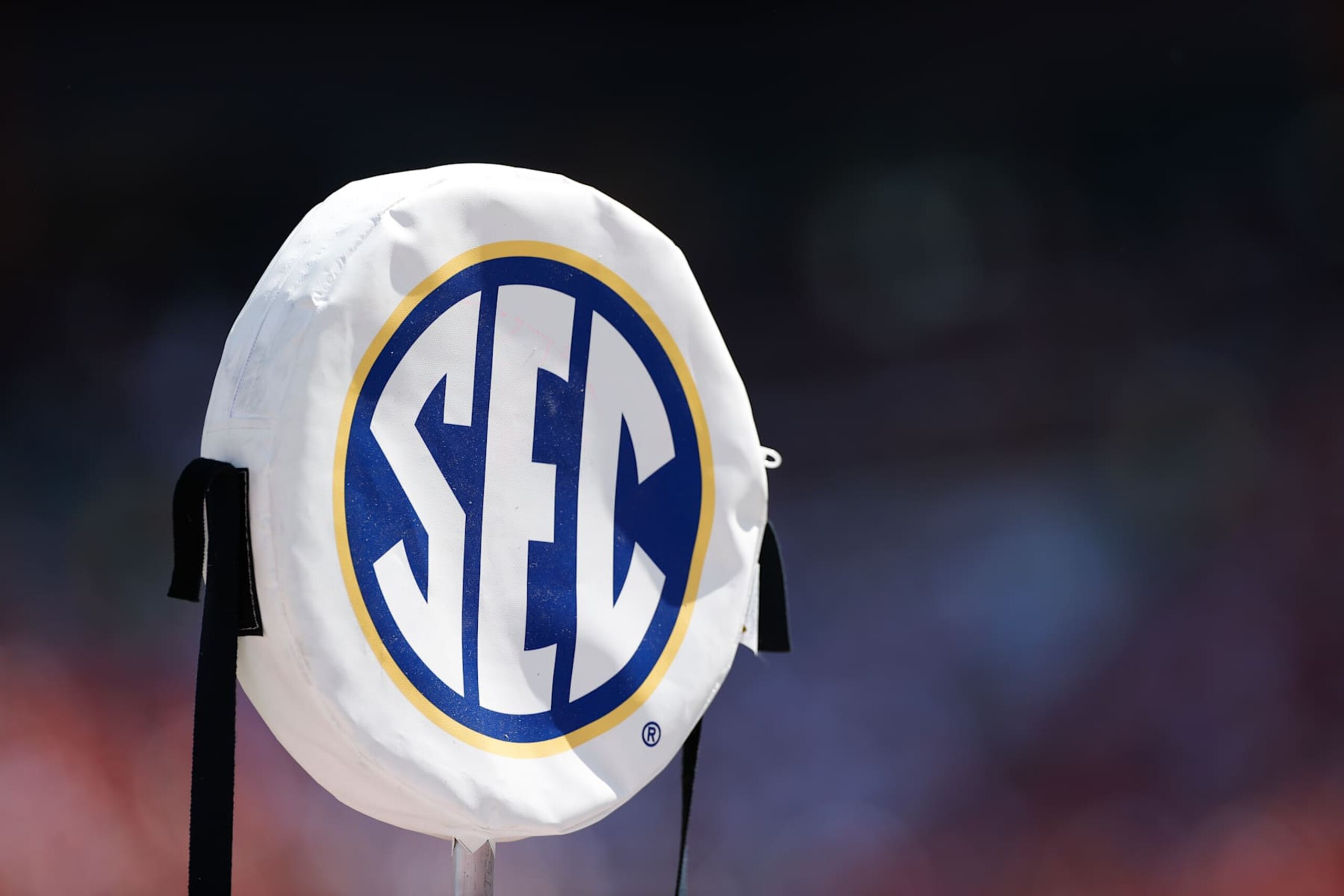 NORMAN, OKLAHOMA - SEPTEMBER 14: A detail of the SEC logo on the first down chain during the first half between the Oklahoma Sooners and the Tulane Green Wave at Gaylord Family Oklahoma Memorial Stadium on September 14, 2024 in Norman, Oklahoma. (Photo by Aaron M. Sprecher/Getty Images)