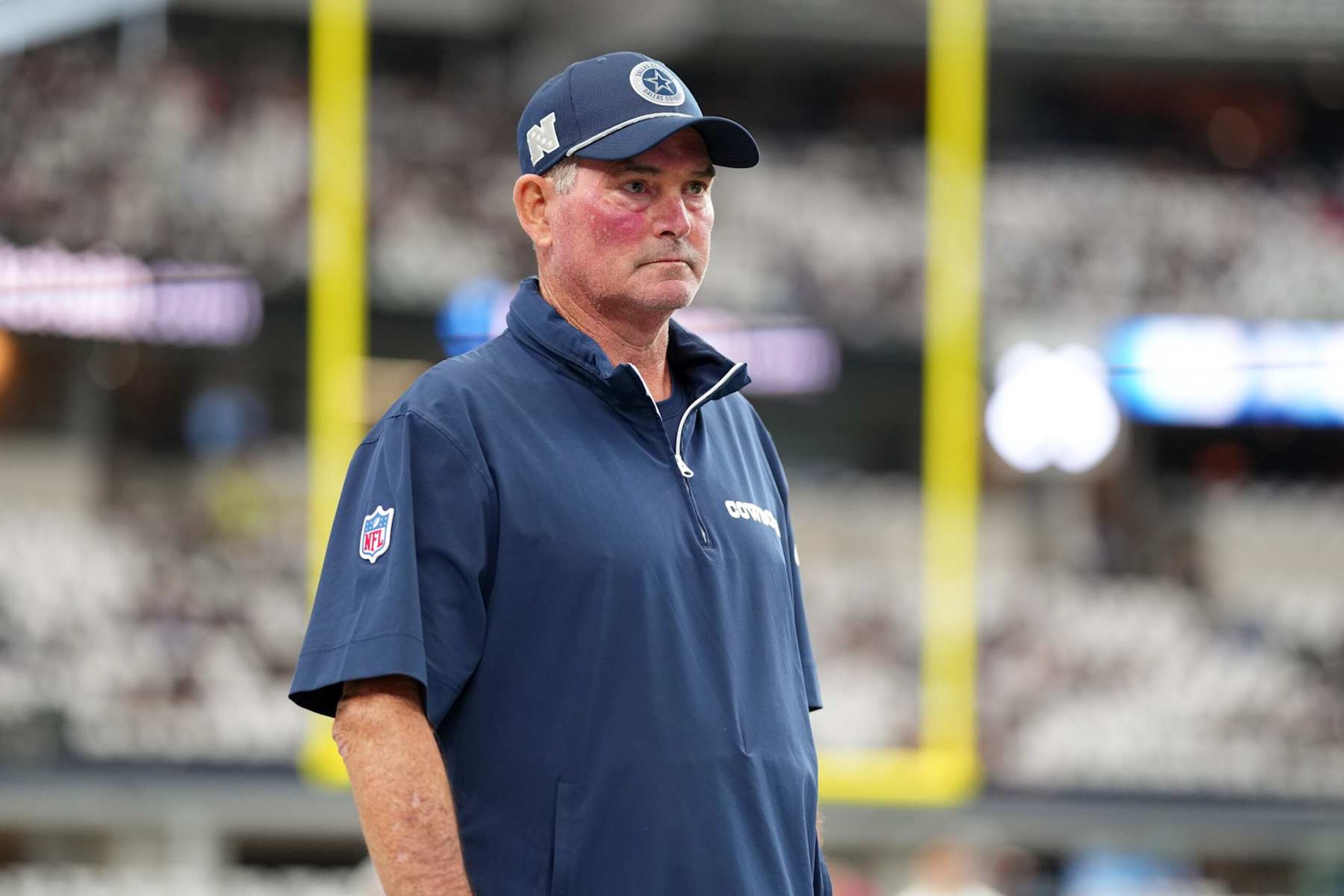 ARLINGTON, TEXAS - SEPTEMBER 22: Dallas Cowboys defensive coordinator Mike Zimmer walks on the field before a game against the Baltimore Ravens at AT&T Stadium on September 22, 2024 in Arlington, Texas. (Photo by Sam Hodde/Getty Images)