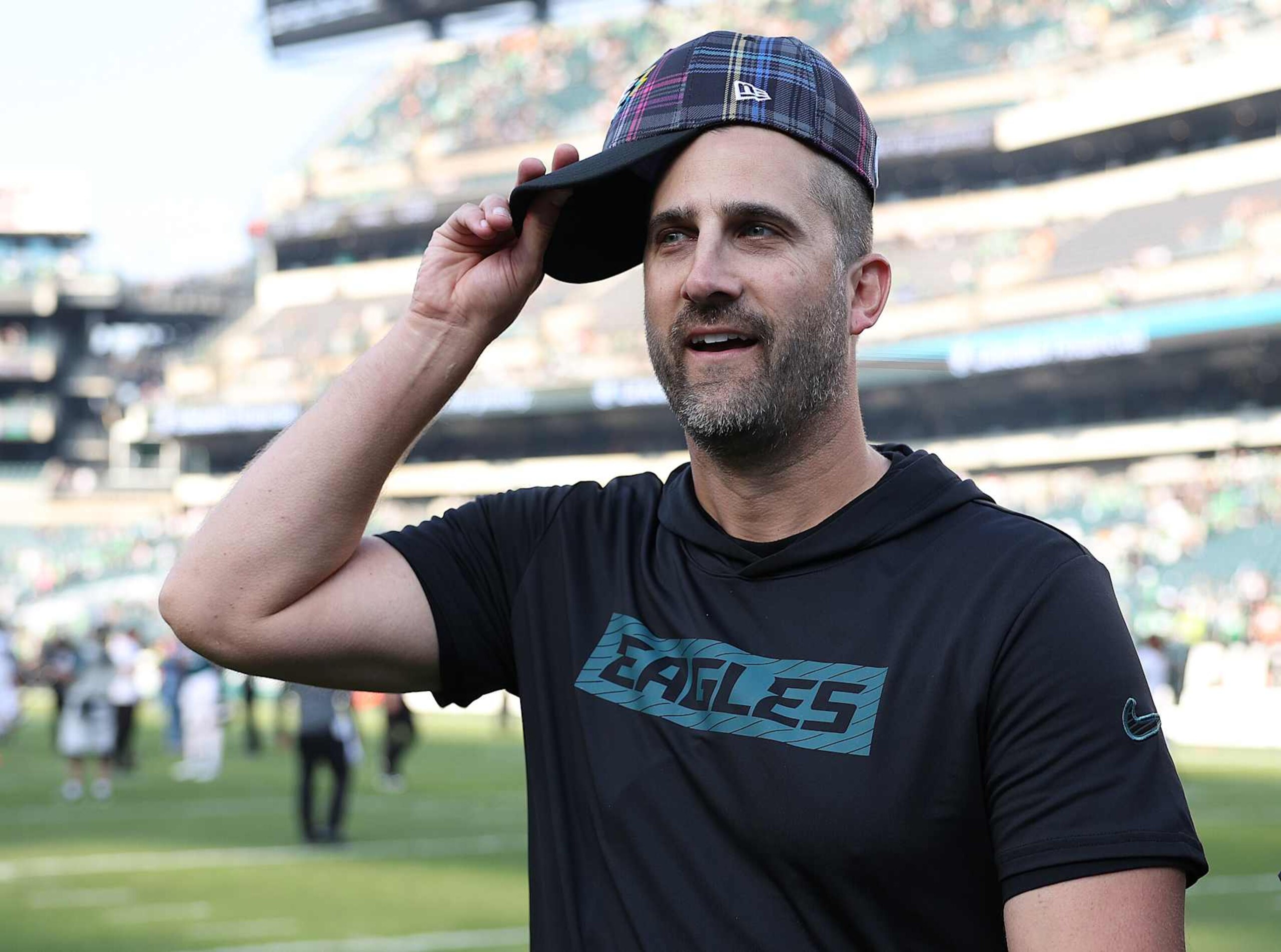 PHILADELPHIA, PENNSYLVANIA - OCTOBER 13: Head coach Nick Sirianni of the Philadelphia Eagles looks on after their 20-16 win over the Cleveland Browns at Lincoln Financial Field on October 13, 2024 in Philadelphia, Pennsylvania. (Photo by Elsa/Getty Images)