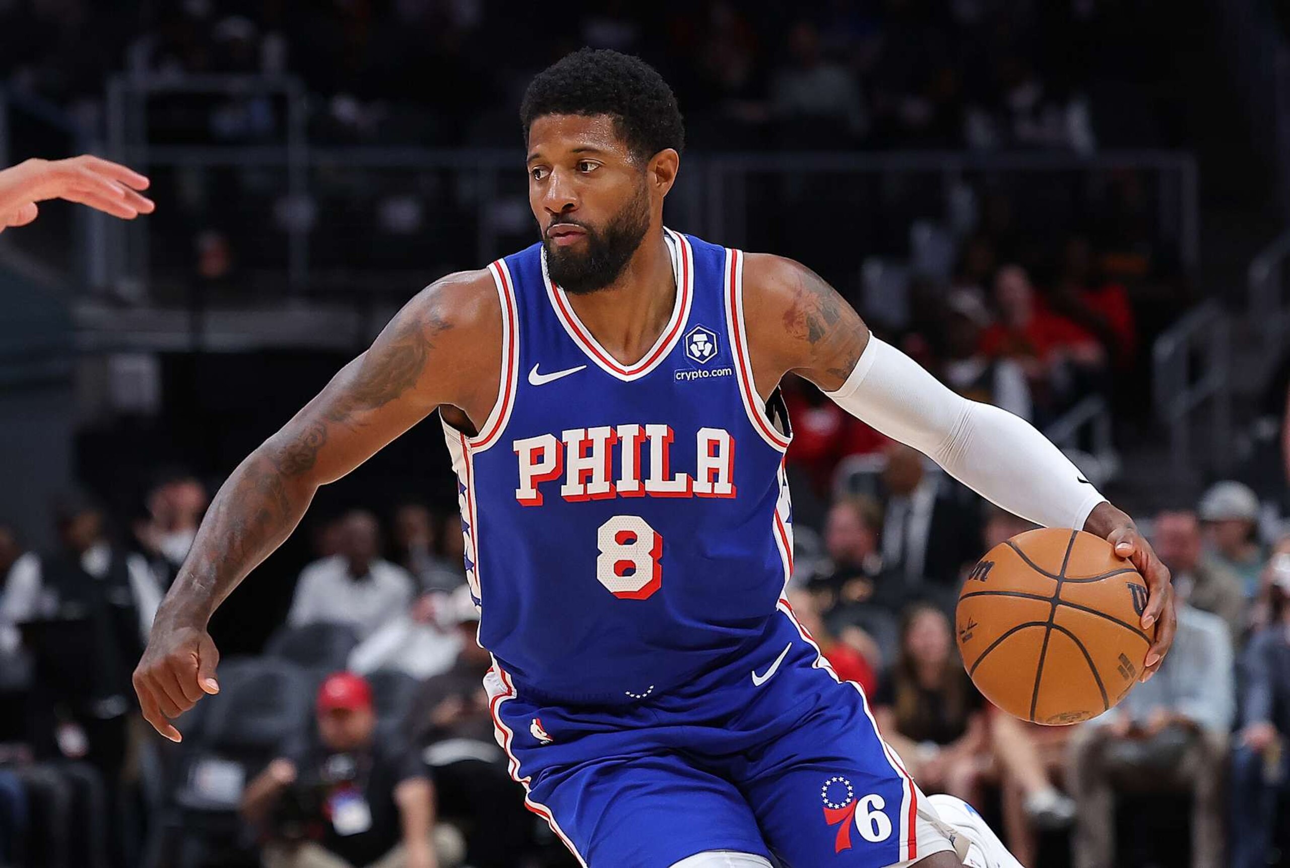 ATLANTA, GEORGIA - OCTOBER 14: Paul George #8 of the Philadelphia 76ers drives against the Atlanta Hawks during the first quarter at State Farm Arena on October 14, 2024 in Atlanta, Georgia. NOTE TO USER: User expressly acknowledges and agrees that, by downloading and/or using this photograph, user is consenting to the terms and conditions of the Getty Images License Agreement. (Photo by Kevin C. Cox/Getty Images) ATLANTA, GEORGIA - OCTOBER 14: Paul George #8 of the Philadelphia 76ers drives against the Atlanta Hawks during the first quarter at State Farm Arena on October 14, 2024 in Atlanta, Georgia. NOTE TO USER: User expressly acknowledges and agrees that, by downloading and/or using this photograph, user is consenting to the terms and conditions of the Getty Images License Agreement. (Photo by Kevin C. Cox/Getty Images)