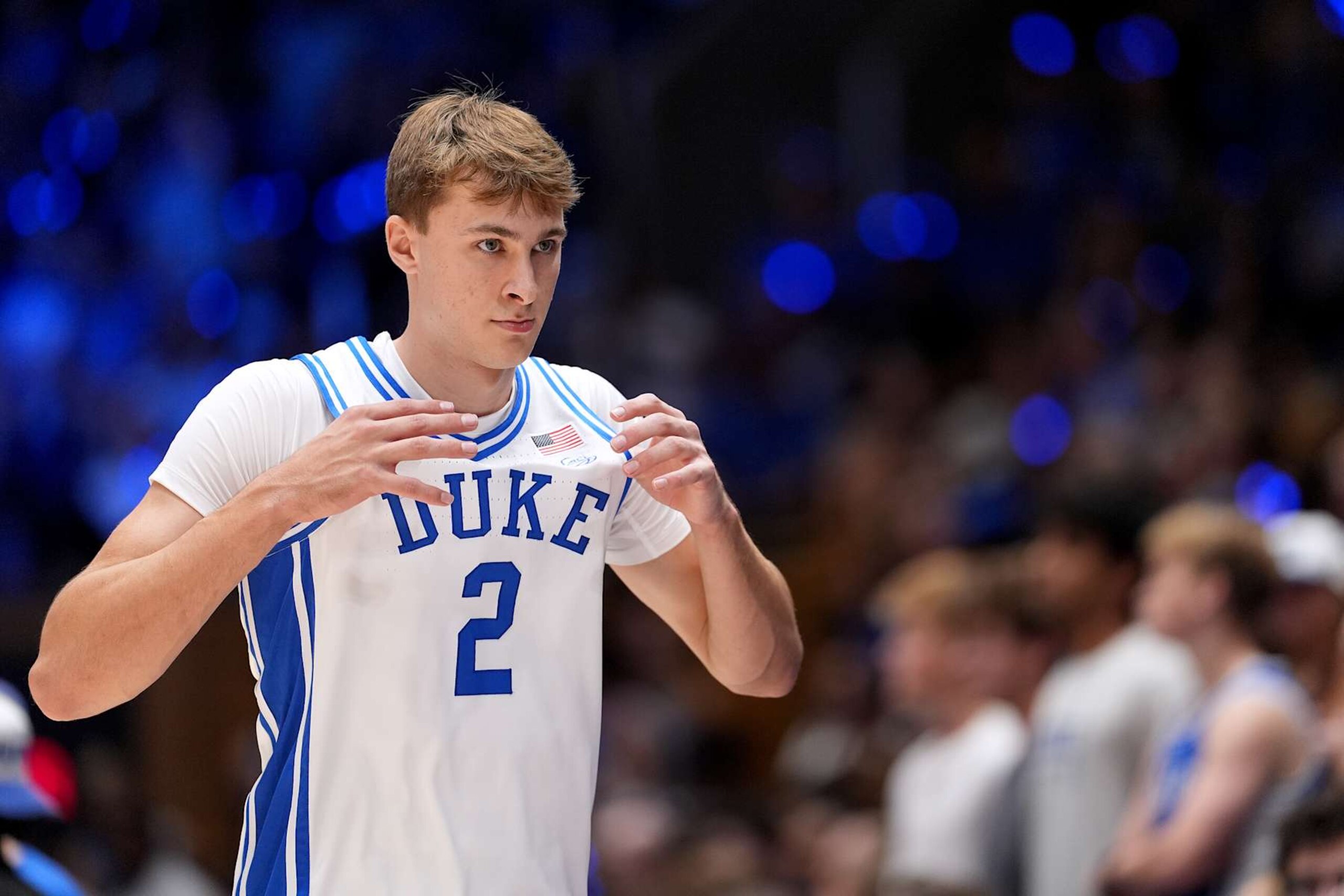 DURHAM, NORTH CAROLINA - OCTOBER 04: Cooper Flagg #2 of the Duke Blue Devils prepares to take the floor during Countdown to Craziness at Cameron Indoor Stadium on October 04, 2024 in Durham, North Carolina. (Photo by Grant Halverson/Getty Images)