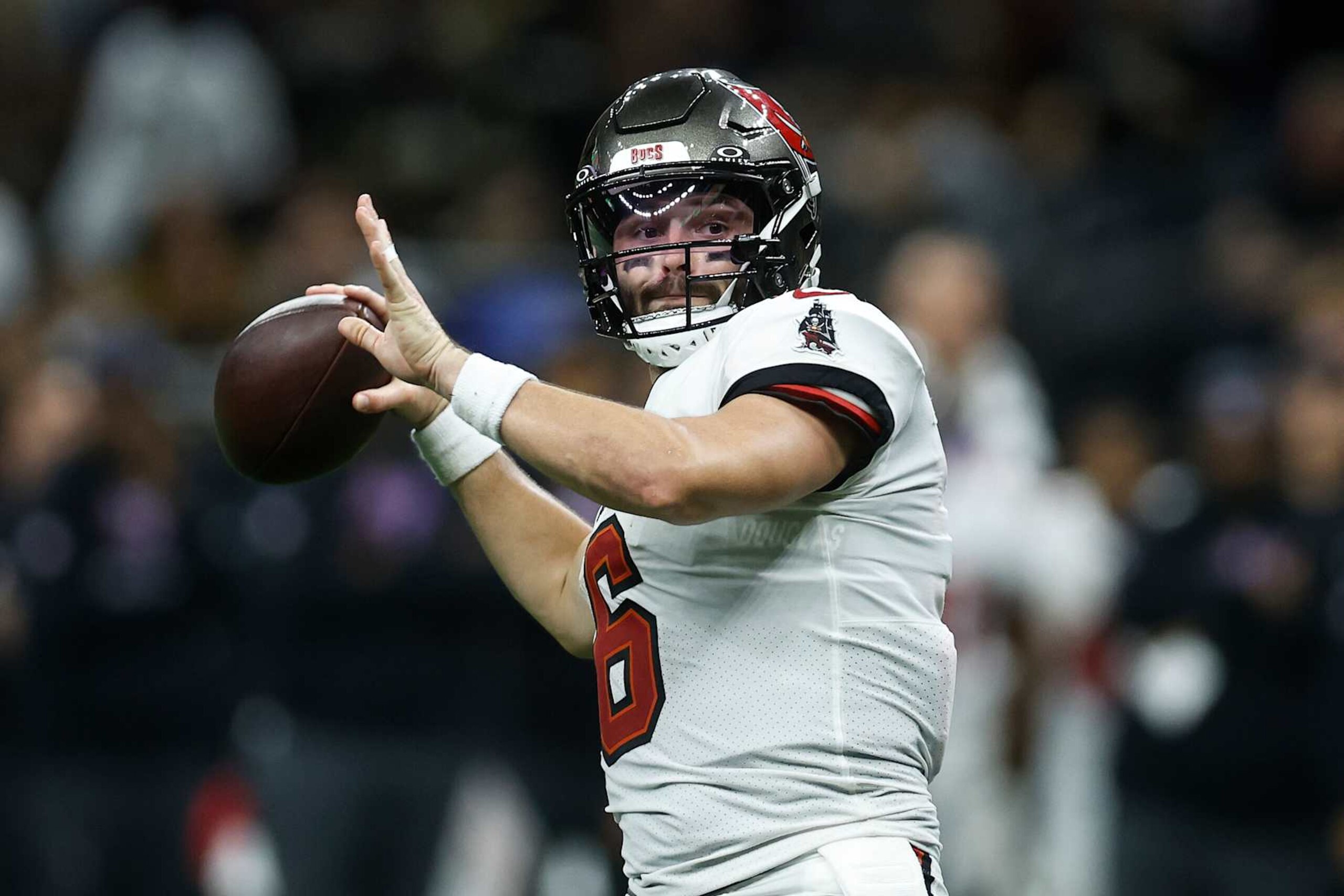 NEW ORLEANS, LOUISIANA - OCTOBER 13: Baker Mayfield #6 of the Tampa Bay Buccaneers in action against the New Orleans Saints at Caesars Superdome on October 13, 2024 in New Orleans, Louisiana. (Photo by Chris Graythen/Getty Images)