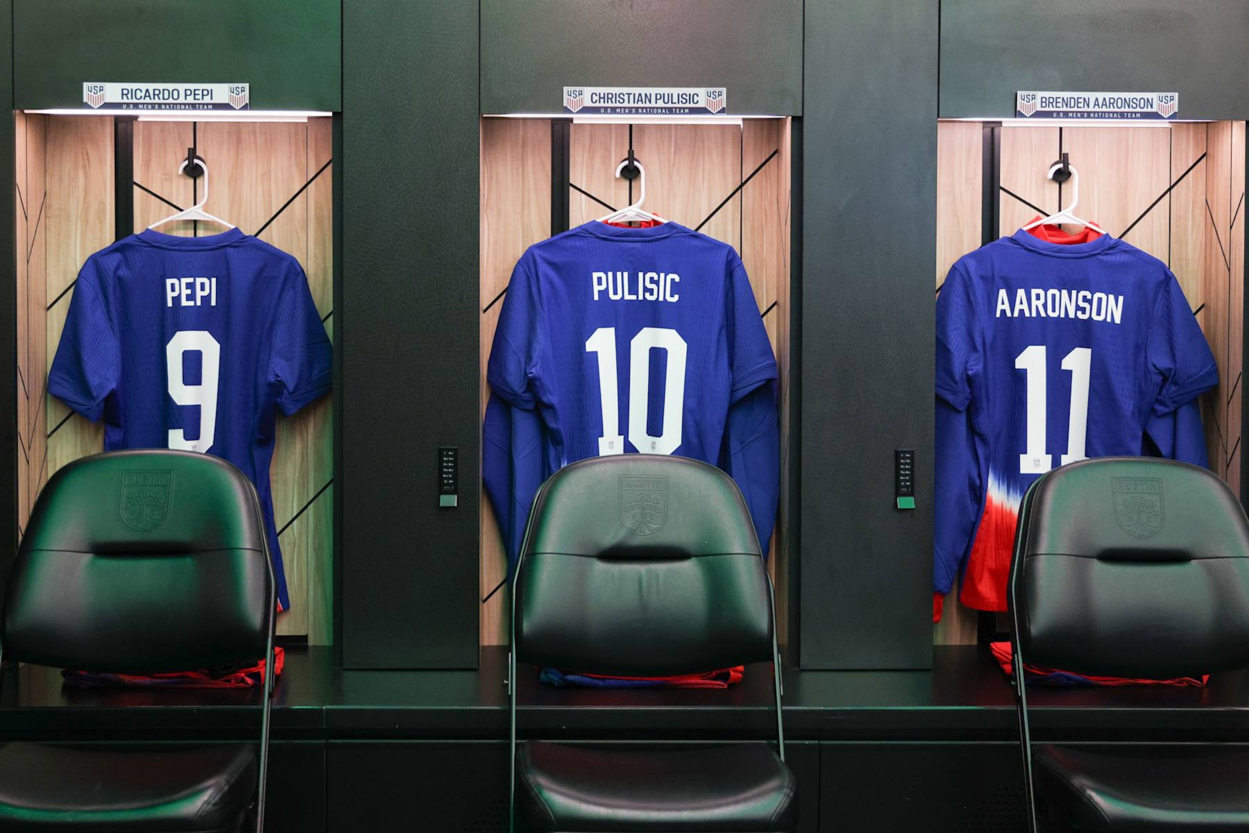 AUSTIN, TEXAS - OCTOBER 12: The lockers of Ricardo Pepi #9, Christian Pulisic #10, and Brenden Aaronson #11 of the United States prior to playing Panama at Q2 Stadium on October 12, 2024 in Austin, Texas. (Photo by John Dorton/ISI Photos/USSF/Getty Images) AUSTIN, TEXAS - OCTOBER 12: The lockers of Ricardo Pepi #9, Christian Pulisic #10, and Brenden Aaronson #11 of the United States prior to playing Panama at Q2 Stadium on October 12, 2024 in Austin, Texas. (Photo by John Dorton/ISI Photos/USSF/Getty Images)
