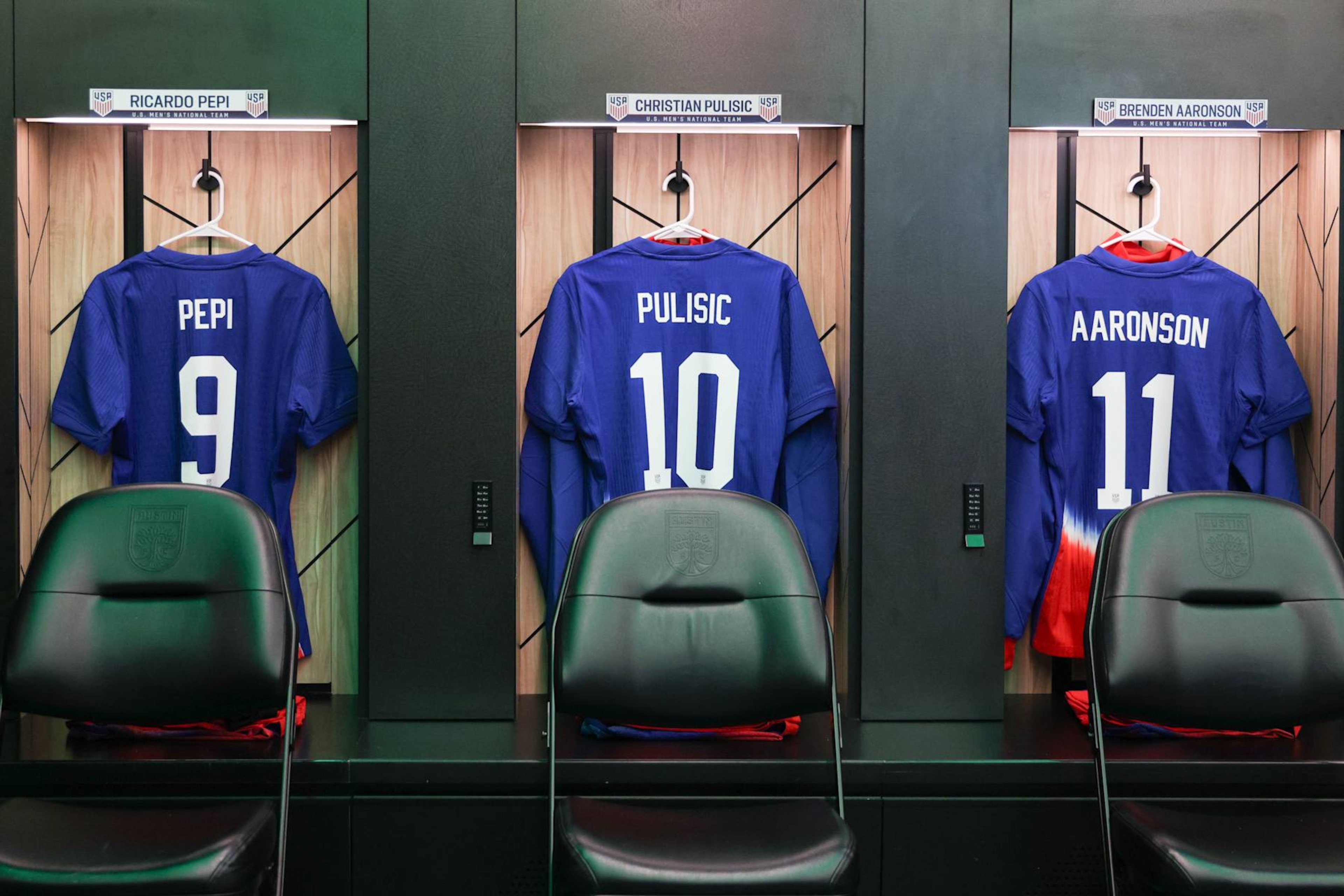 AUSTIN, TEXAS - OCTOBER 12: The lockers of Ricardo Pepi #9, Christian Pulisic #10, and Brenden Aaronson #11 of the United States prior to playing Panama at Q2 Stadium on October 12, 2024 in Austin, Texas. (Photo by John Dorton/ISI Photos/USSF/Getty Images)