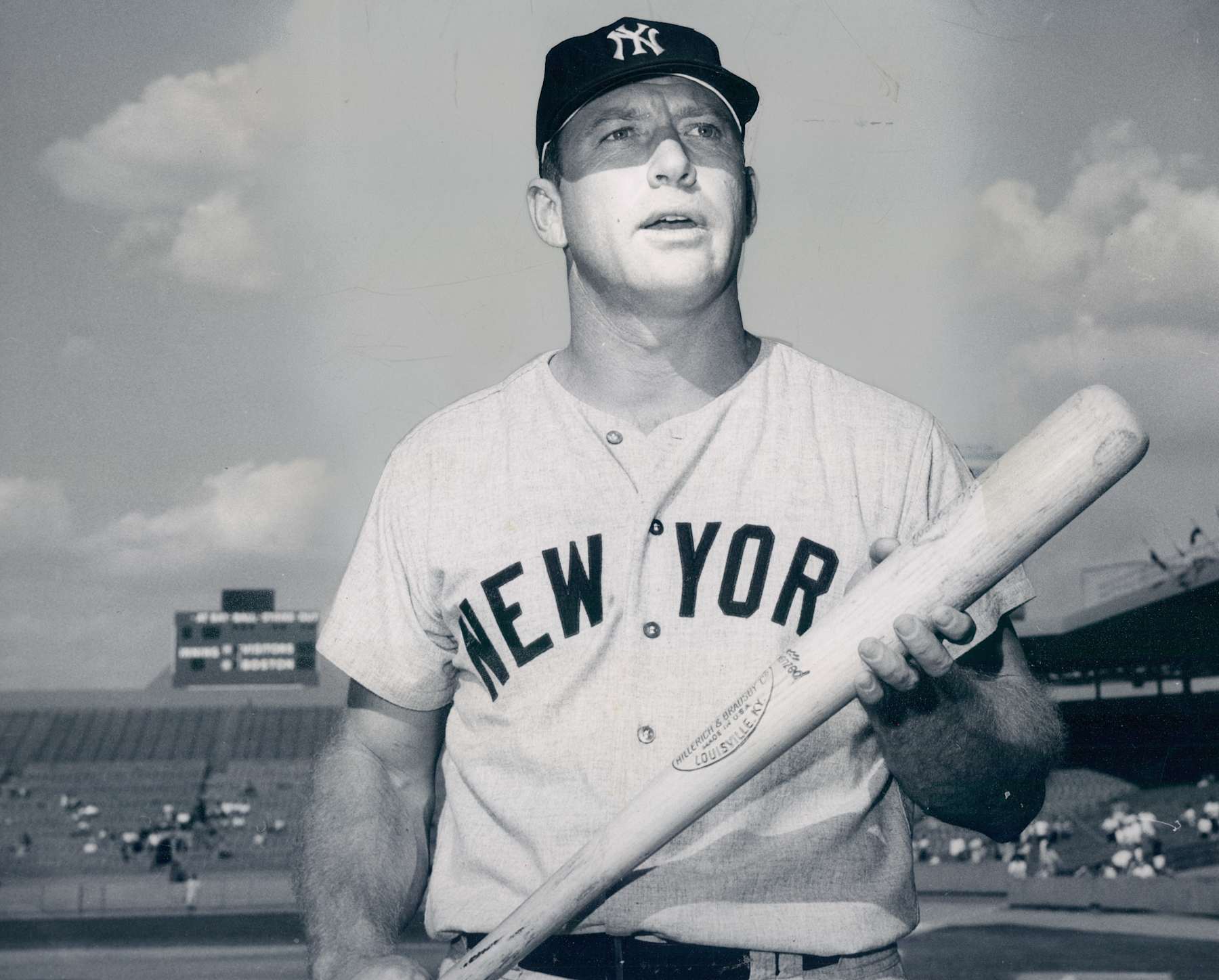 UNSPECIFIED - UNDATED: Mickey Mantle poses for the camera with bat in hand in this undated photo. (Photo by Sports Studio Photos/Getty Images)