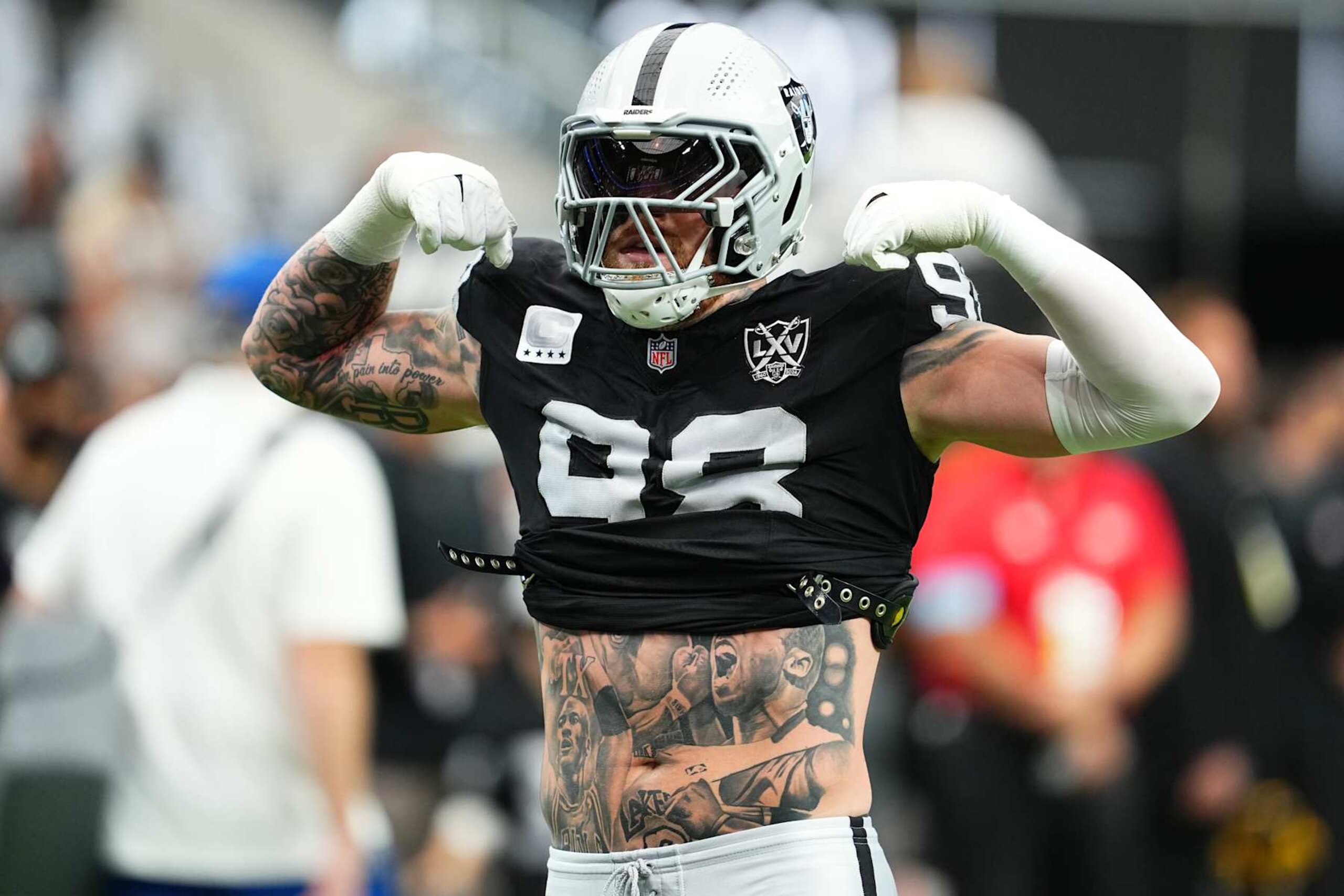 LAS VEGAS, NEVADA - OCTOBER 13: Maxx Crosby #98 of the Las Vegas Raiders warms up before a game against the Pittsburgh Steelers at Allegiant Stadium on October 13, 2024 in Las Vegas, Nevada. (Photo by Chris Unger/Getty Images)