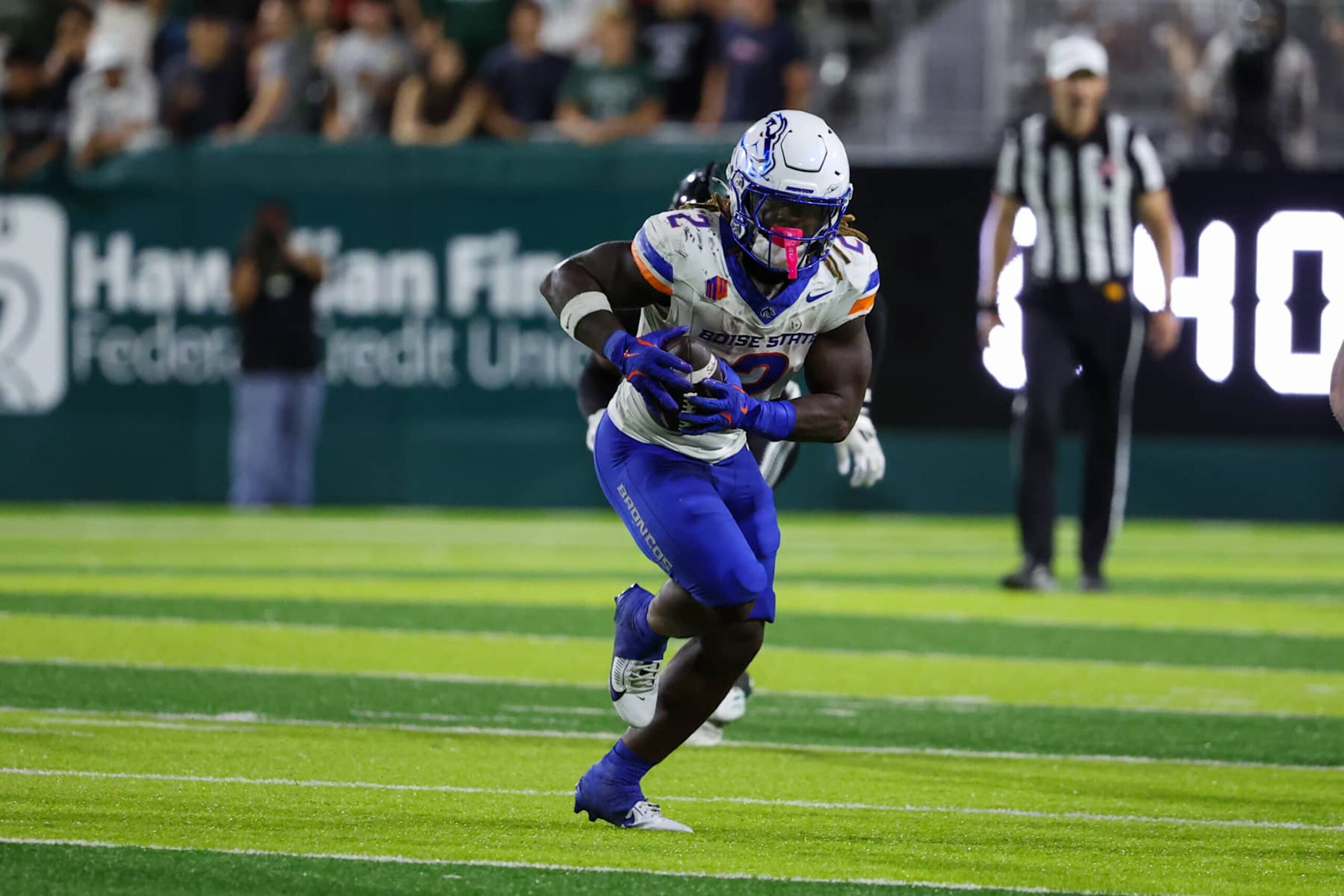 HONOLULU, HI - OCTOBER 12: Ashton Jeanty #2 of the Boise State Broncos runs the ball during the second half of the game against the Hawaii Rainbow Warriors at the Clarence T.C. Ching Athletics Complex on October 12, 2024 in Honolulu, Hawaii. (Photo by Darryl Oumi/Getty Images)