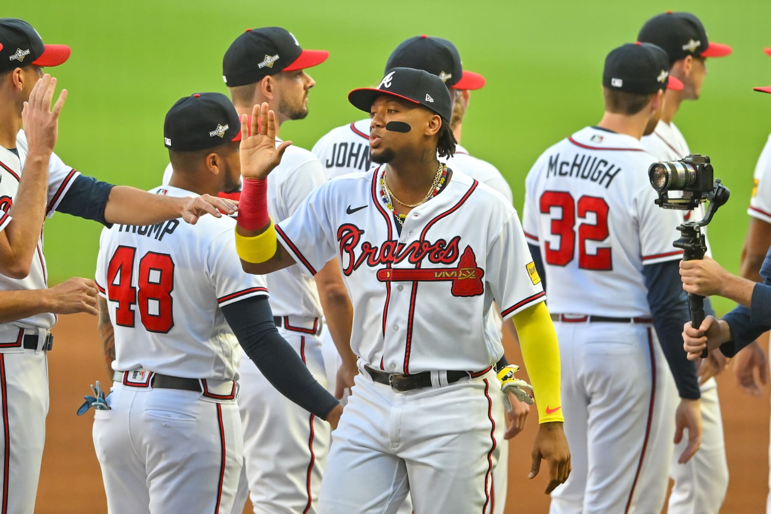 ATLANTA, GA  OCTOBER 07:  Atlanta right fielder Ronald Acuna Jr. (13) is introduced prior to the start of game 1 of the NLDS between the Philadelphia Phillies and the Atlanta Braves on October 7th, 2023 at Truist Park in Atlanta, GA. (Photo by Rich von Biberstein/Icon Sportswire via Getty Images)