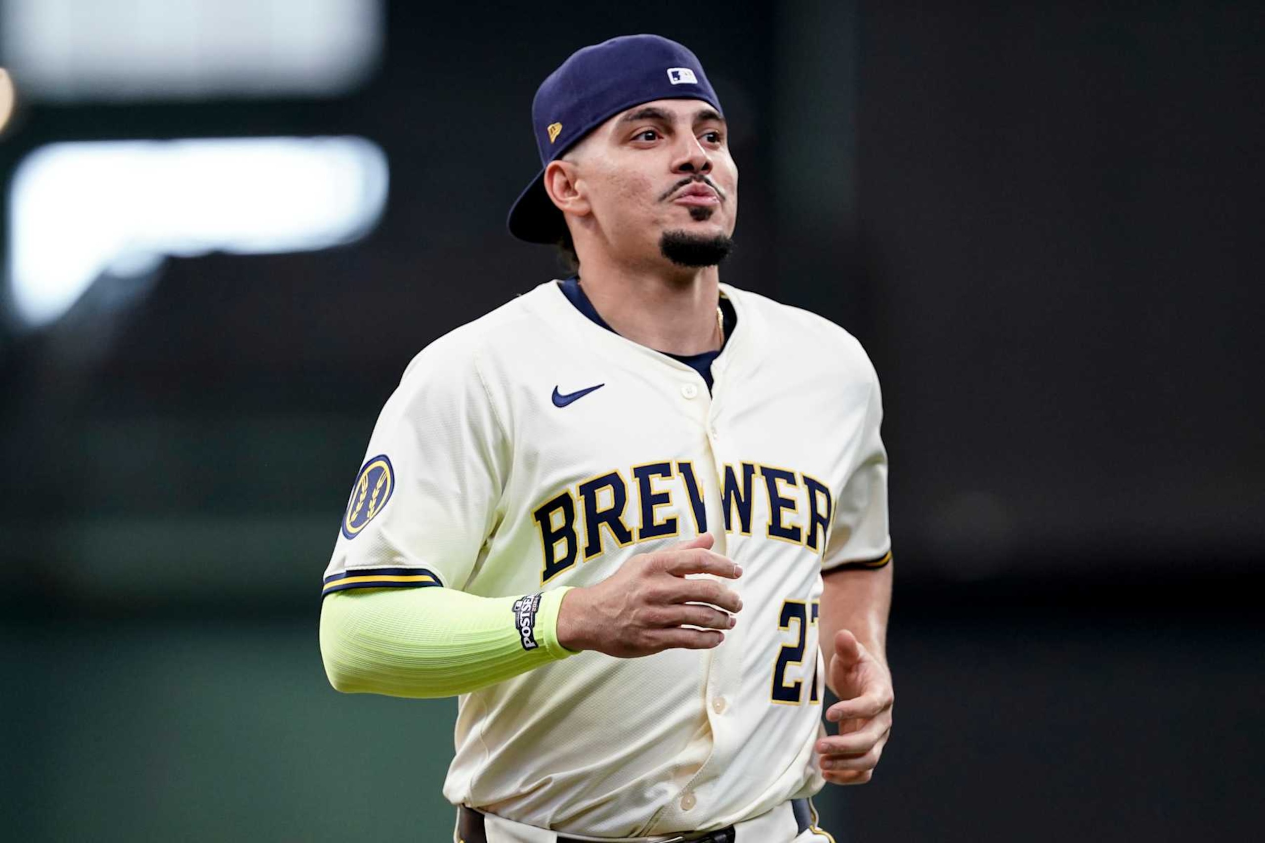 MILWAUKEE, WI - OCTOBER 01: Willy Adames #27 of the Milwaukee Brewers looks on prior to Game 1 of the Wild Card Series presented by T-Mobile 5G Home Internet between the New York Mets and the Milwaukee Brewers at American Family Field on Tuesday, October 1, 2024 in Milwaukee, Wisconsin. (Photo by Aaron Gash/MLB Photos via Getty Images)