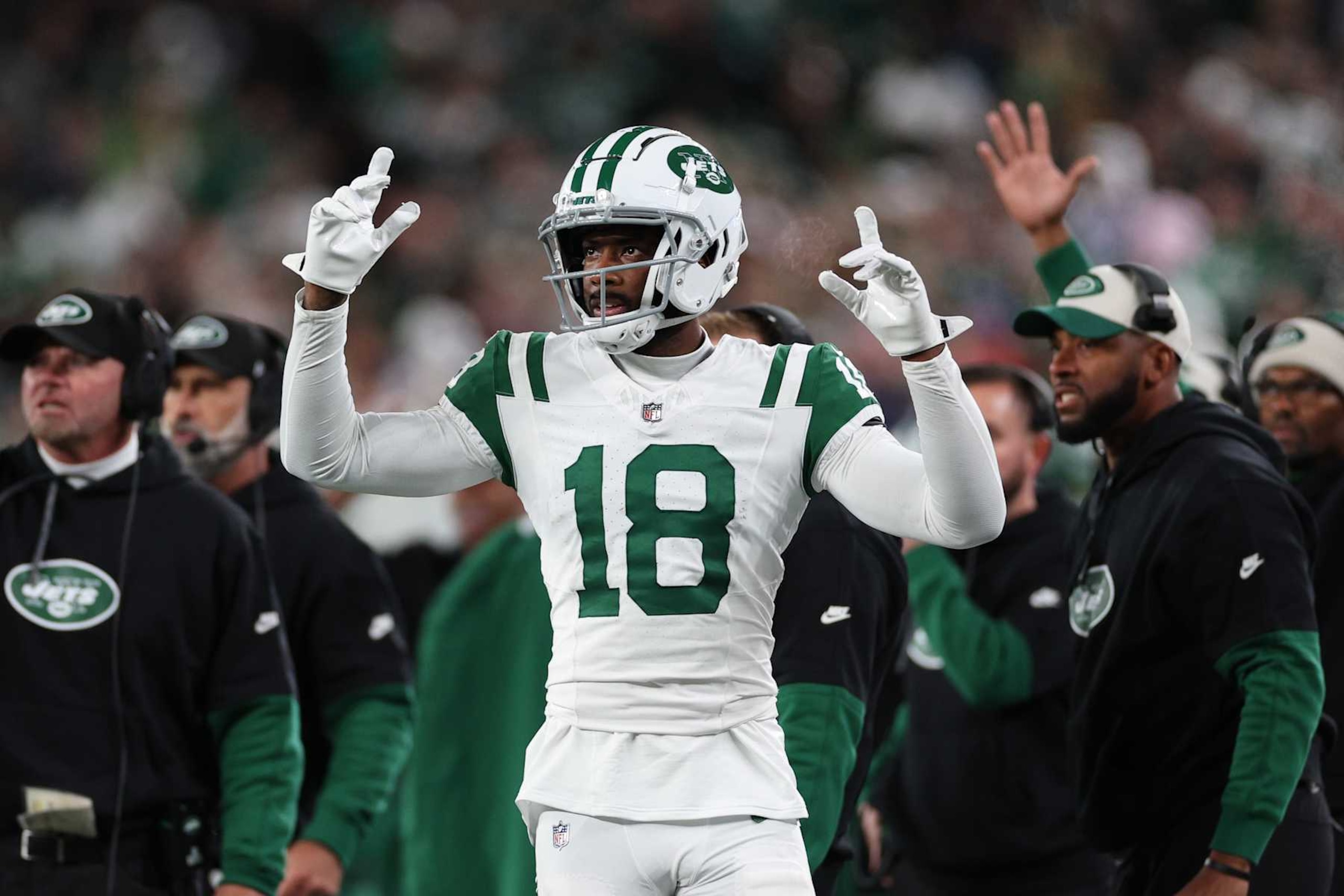EAST RUTHERFORD, NEW JERSEY - OCTOBER 14: Mike Williams #18 of the New York Jets reacts after a touchdown during the first quarter against the Buffalo Bills at MetLife Stadium on October 14, 2024 in East Rutherford, New Jersey. (Photo by Elsa/Getty Images) EAST RUTHERFORD, NEW JERSEY - OCTOBER 14: Mike Williams #18 of the New York Jets reacts after a touchdown during the first quarter against the Buffalo Bills at MetLife Stadium on October 14, 2024 in East Rutherford, New Jersey. (Photo by Elsa/Getty Images)
