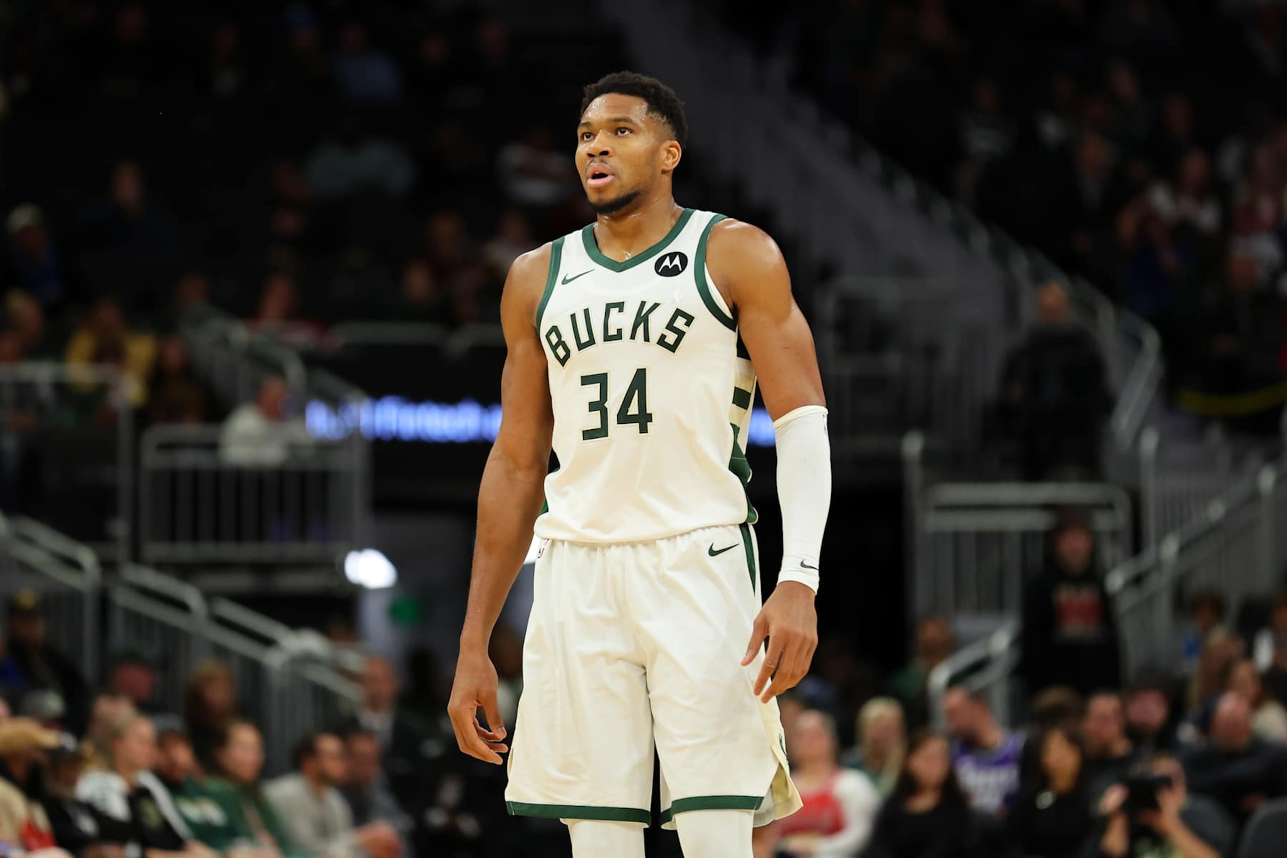 MILWAUKEE, WISCONSIN - OCTOBER 14: Giannis Antetokounmpo #34 of the Milwaukee Bucks walks backcourt during the first half of a preseason game against the Chicago Bulls at Fiserv Forum on October 14, 2024 in Milwaukee, Wisconsin.  NOTE TO USER: User expressly acknowledges and agrees that, by downloading and or using this photograph, User is consenting to the terms and conditions of the Getty Images License Agreement. (Photo by Stacy Revere/Getty Images)