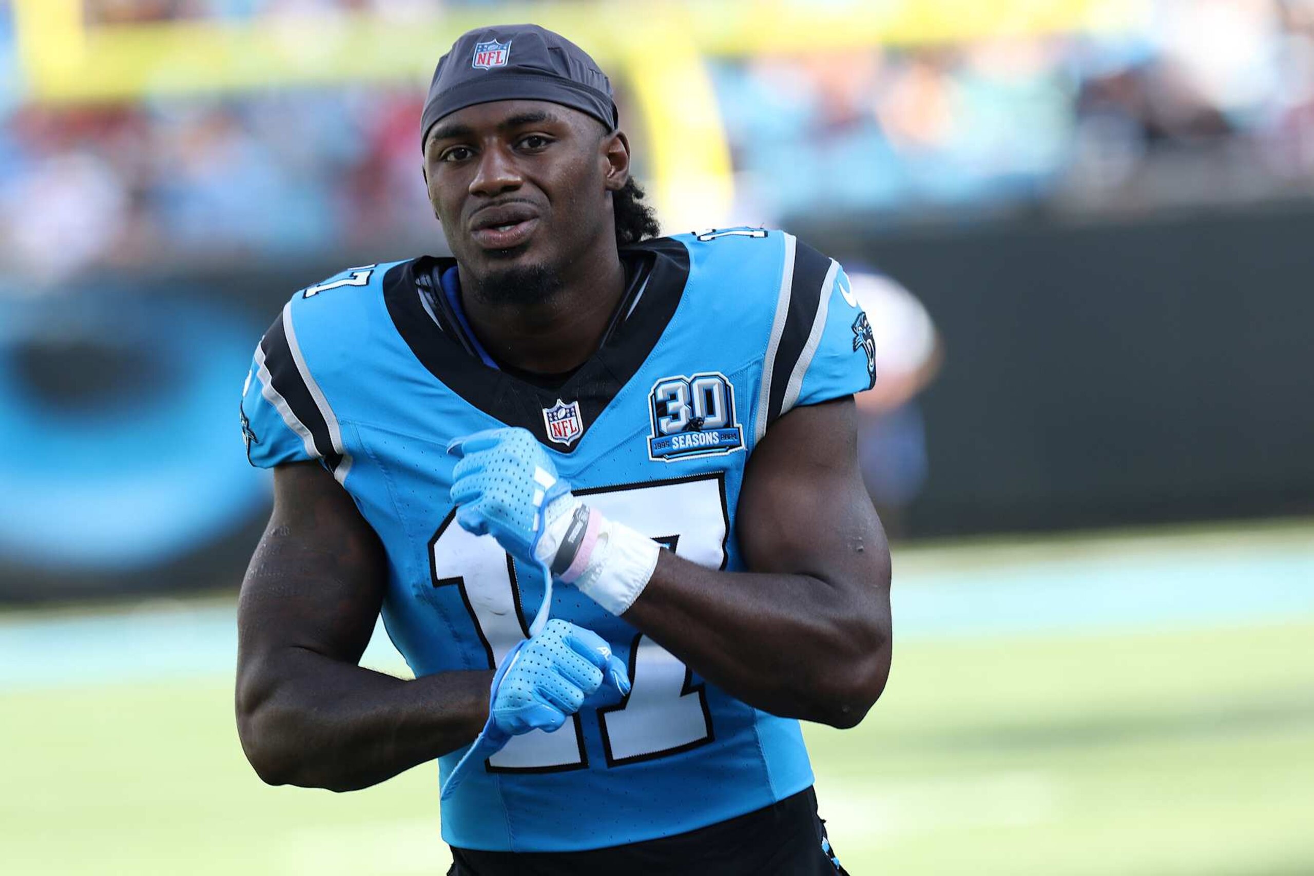 CHARLOTTE, NC - OCTOBER 13: Carolina Panthers wide receiver Xavier Legette (17) during an NFL football game between the Atlanta Falcons and the Carolina Panthers on October 13, 2024 at Bank of America Stadium in Charlotte, N.C. (Photo by John Byrum/Icon Sportswire via Getty Images) CHARLOTTE, NC - OCTOBER 13: Carolina Panthers wide receiver Xavier Legette (17) during an NFL football game between the Atlanta Falcons and the Carolina Panthers on October 13, 2024 at Bank of America Stadium in Charlotte, N.C. (Photo by John Byrum/Icon Sportswire via Getty Images)