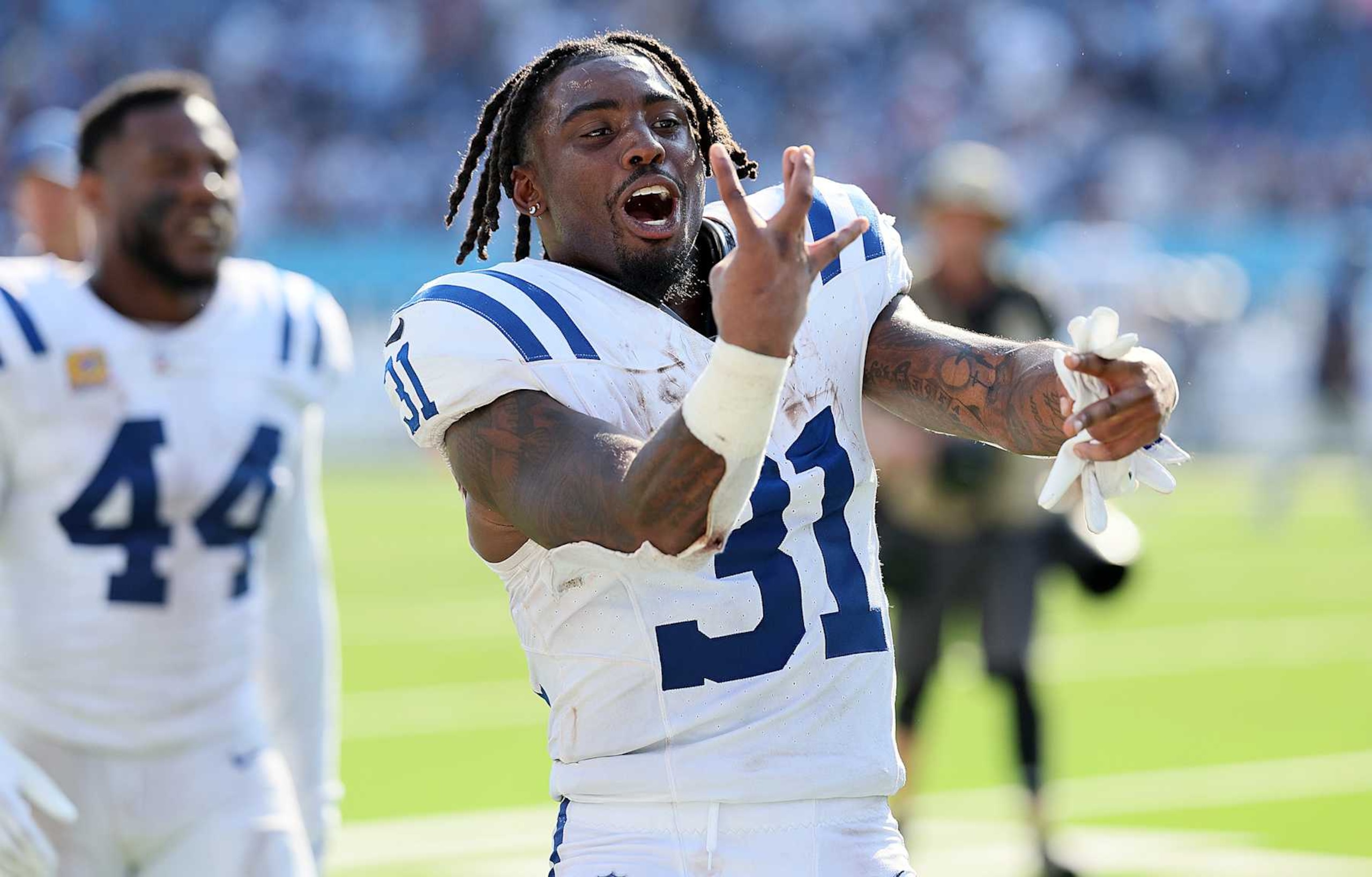 NASHVILLE, TENNESSEE - OCTOBER 13: Tyler Goodson #31 of the Indianapolis Colts reacts as they play the Tennessee Titans at Nissan Stadium on October 13, 2024 in Nashville, Tennessee. (Photo by Andy Lyons/Getty Images) NASHVILLE, TENNESSEE - OCTOBER 13: Tyler Goodson #31 of the Indianapolis Colts reacts as they play the Tennessee Titans at Nissan Stadium on October 13, 2024 in Nashville, Tennessee. (Photo by Andy Lyons/Getty Images)