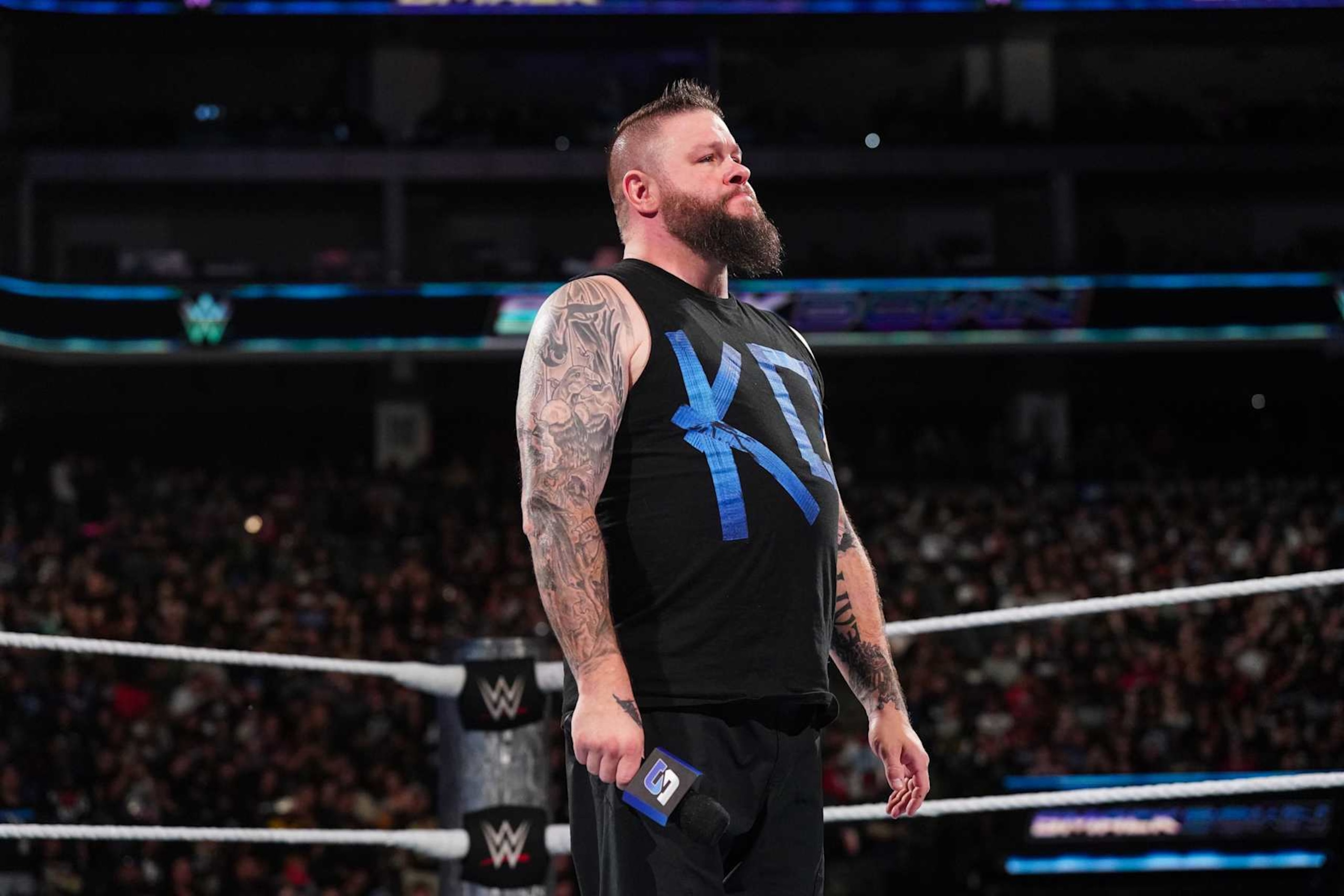 SACRAMENTO, CALIFORNIA - SEPTEMBER 20: Kevin Owens looks on during WWE SmackDown at Golden 1 Center on September 20, 2024 in Sacramento, California.  (Photo by WWE/Getty Images)
