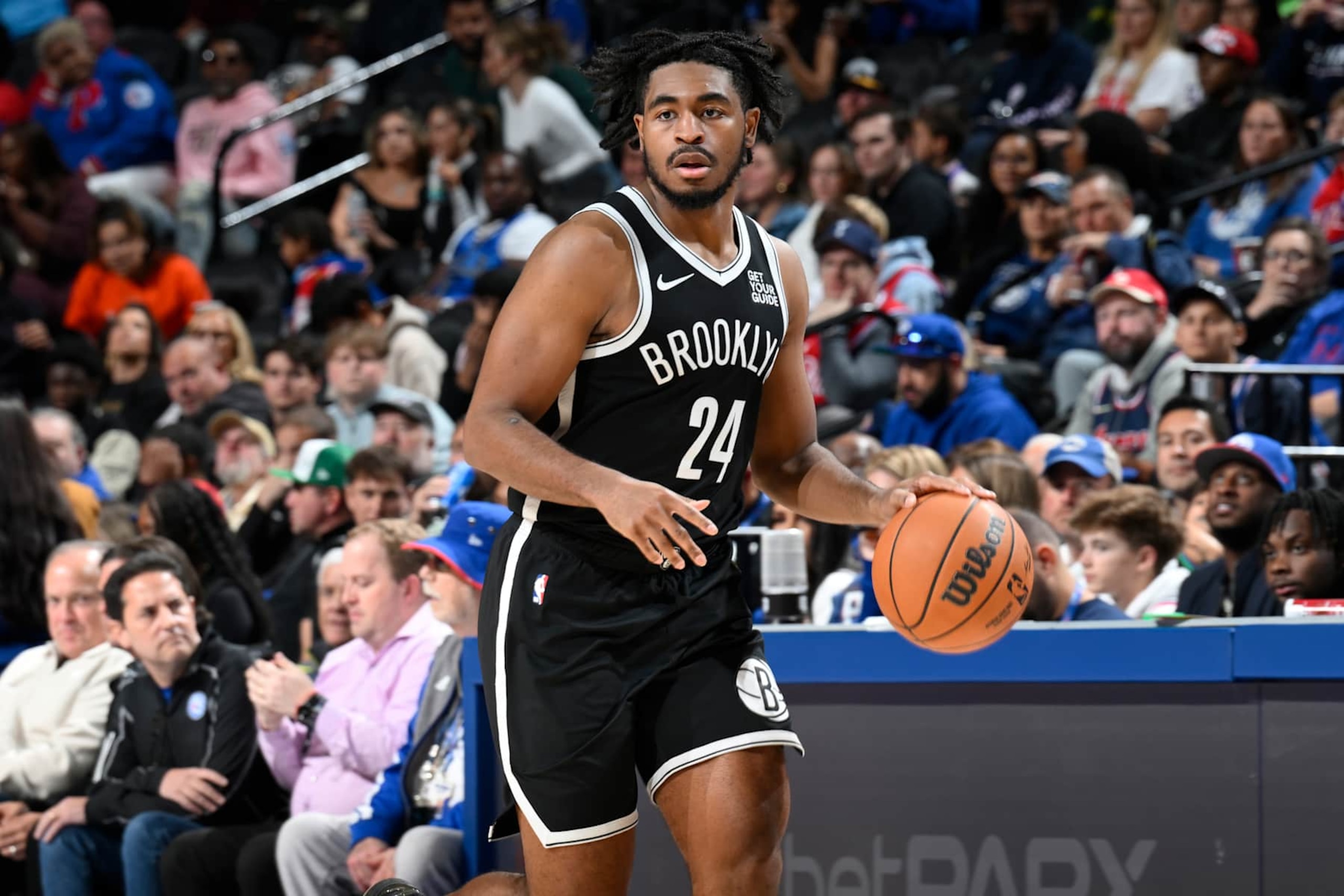 PHILADELPHIA, PA - OCTOBER 16: Cam Thomas #24 of the Brooklyn Nets dribbles the ball during the game against the Philadelphia 76ers on October 16, 2024 at the Wells Fargo Center in Philadelphia, Pennsylvania NOTE TO USER: User expressly acknowledges and agrees that, by downloading and/or using this Photograph, user is consenting to the terms and conditions of the Getty Images License Agreement. Mandatory Copyright Notice: Copyright 2024 NBAE (Photo by David Dow/NBAE via Getty Images)