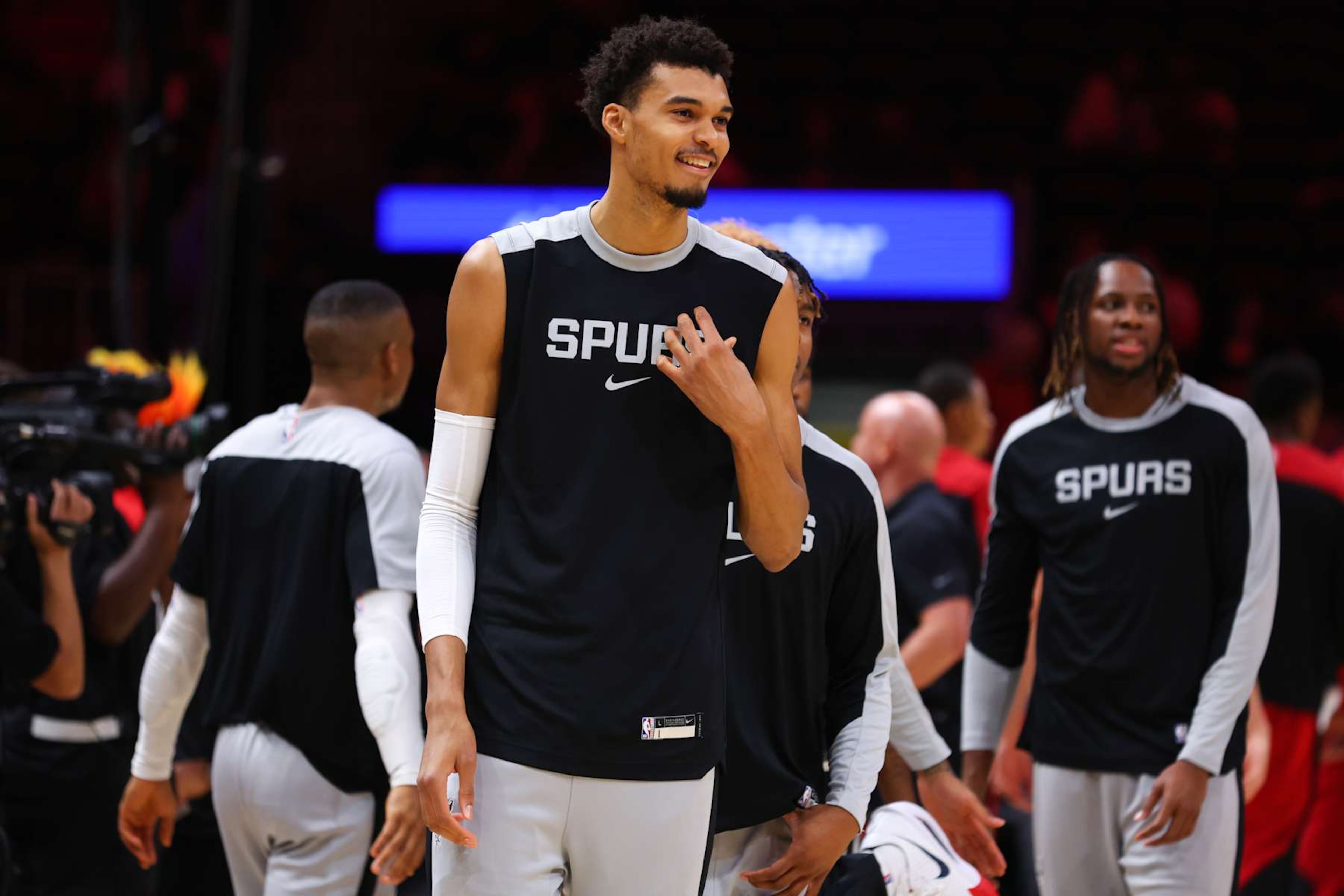 MIAMI, FLORIDA - OCTOBER 15: Victor Wembanyama #1 of the San Antonio Spurs warms up prior to a preseason game against the Miami Heat at Kaseya Center on October 15, 2024 in Miami, Florida. NOTE TO USER: User expressly acknowledges and agrees that, by downloading and or using this photograph, User is consenting to the terms and conditions of the Getty Images License Agreement. (Photo by Megan Briggs/Getty Images) MIAMI, FLORIDA - OCTOBER 15: Victor Wembanyama #1 of the San Antonio Spurs warms up prior to a preseason game against the Miami Heat at Kaseya Center on October 15, 2024 in Miami, Florida. NOTE TO USER: User expressly acknowledges and agrees that, by downloading and or using this photograph, User is consenting to the terms and conditions of the Getty Images License Agreement. (Photo by Megan Briggs/Getty Images)