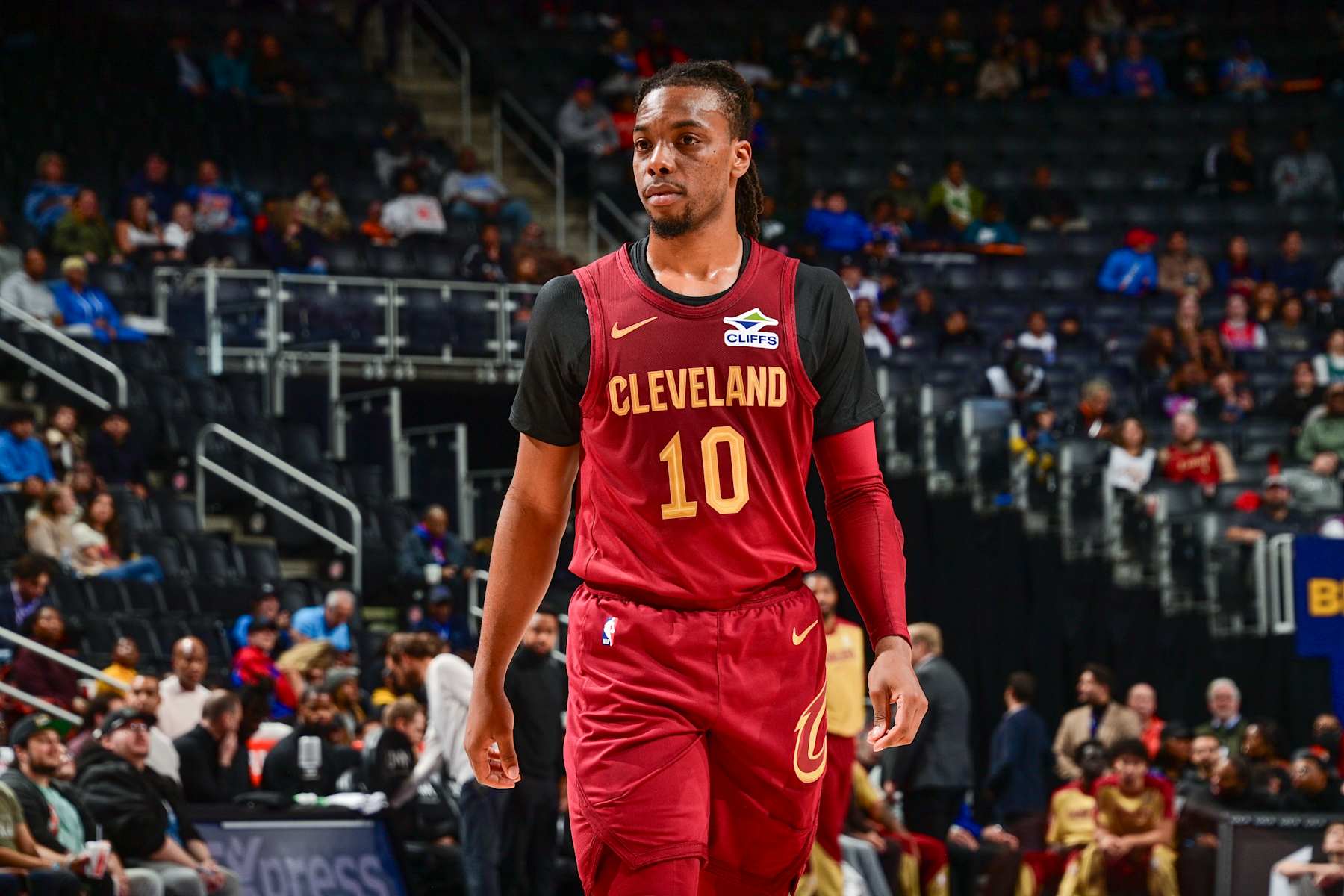 DETROIT, MI - OCTOBER 16: Darius Garland #10 of the Cleveland Cavaliers looks on during the game on October 16, 2024 at Little Caesars Arena in Detroit, Michigan. NOTE TO USER: User expressly acknowledges and agrees that, by downloading and/or using this photograph, User is consenting to the terms and conditions of the Getty Images License Agreement. Mandatory Copyright Notice: Copyright 2024 NBAE (Photo by Chris Schwegler/NBAE via Getty Images)