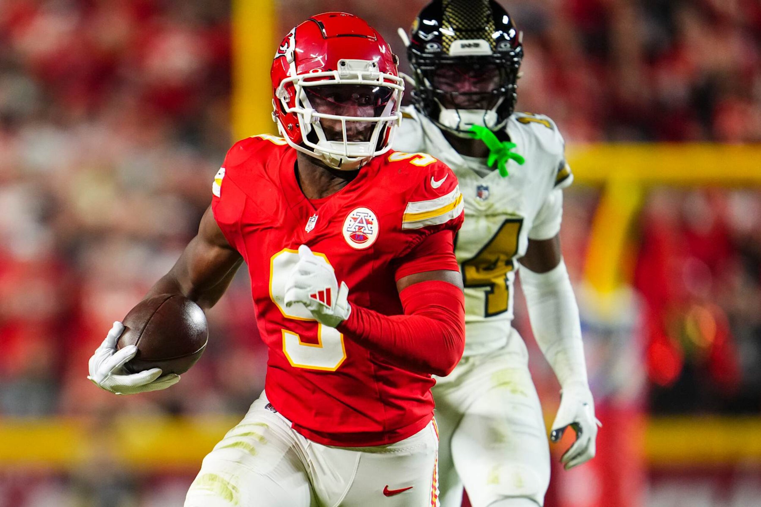 KANSAS CITY, MO - OCTOBER 07: JuJu Smith-Schuster #9 of the Kansas City Chiefs runs the ball during an NFL football game against the New Orleans Saints at GEHA Field at Arrowhead Stadium on October 7, 2024 in Kansas City, Missouri. (Photo by Cooper Neill/Getty Images)